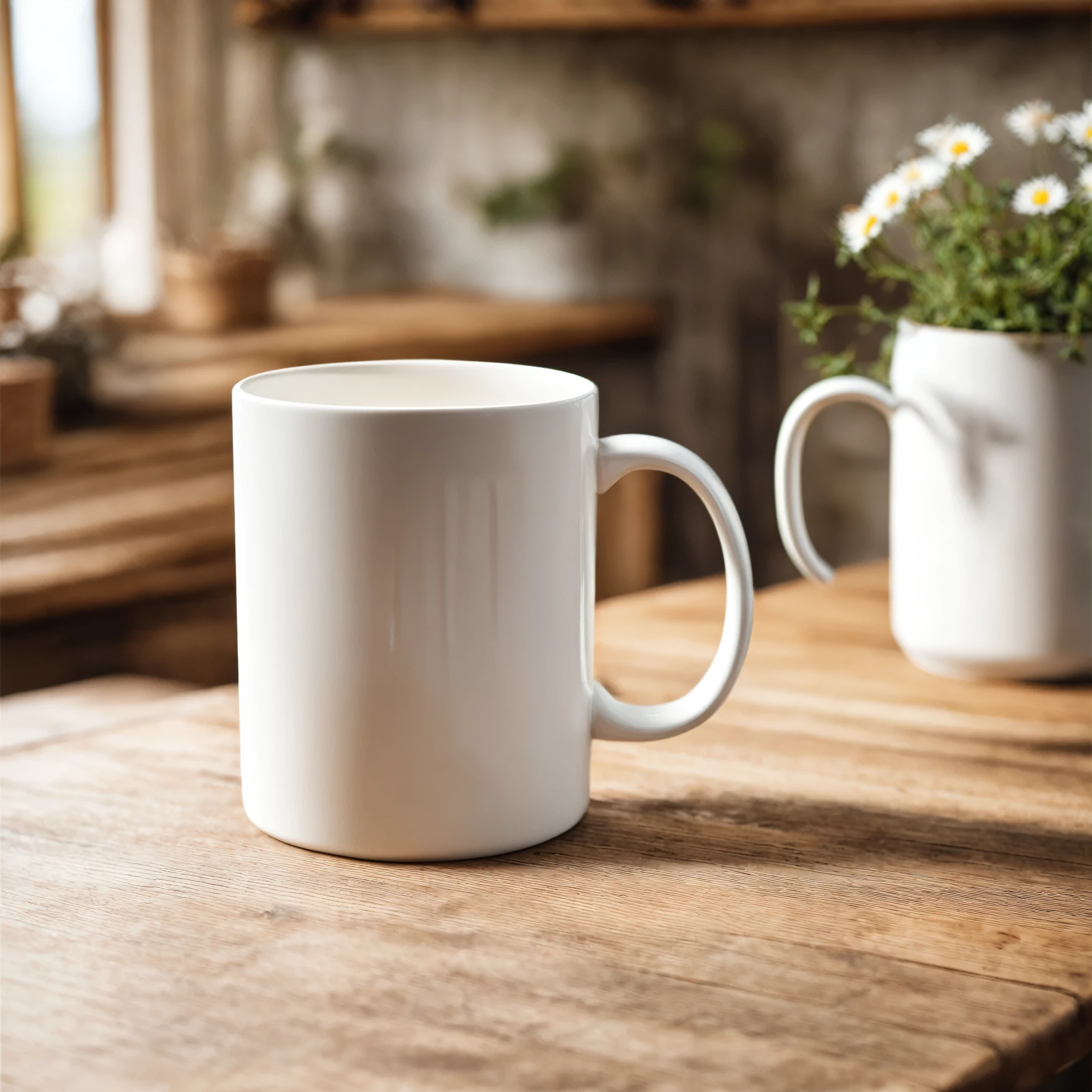 Mockup empty, a blank, white, empty white ceramic mug standing on a table, product presentation, wooden table in a cottagecore environment, british country style, blurry background, earthy colors, flowers on the table, daylight