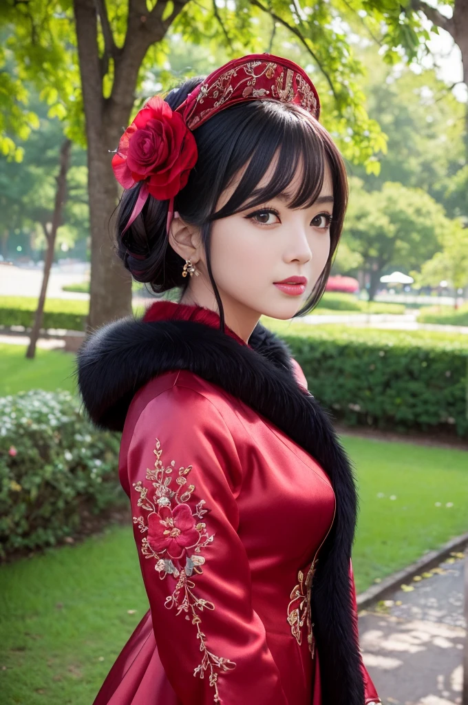 (masterpiece:1.4), (best quality:1.4), ultra high res, ultra high resolution, ((detailed facial features)), HDR, (realistic, photorealistic, photo-realistic:1.37), full body, sexy Vietnamese model, (-anime), only 1 model, vivid colors, very short hair, (beautiful smile), lip-gloss, long lashes, defined eyebrows, wearing large sparkling colorful jewelery, wearing a red silk Paradise Kiss cosplay dress with black floral embroidery, ((long fur vivid colors outfit)), vivid colors, look at the camera, cinematic light, large park background with trees, sweet and sexy pose