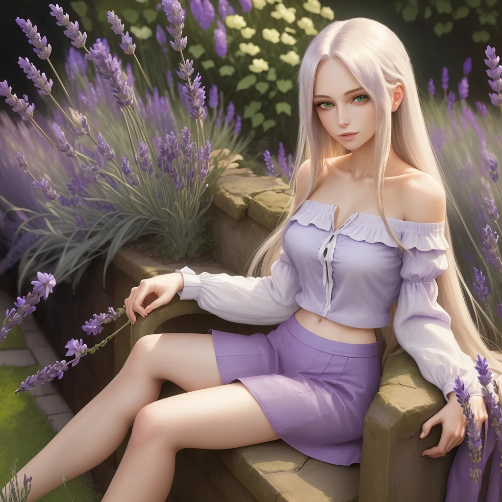 A beautiful woman with long straight lavender hair wearing an off-the-shoulder shirt and skirt with green eyes sitting in a garden