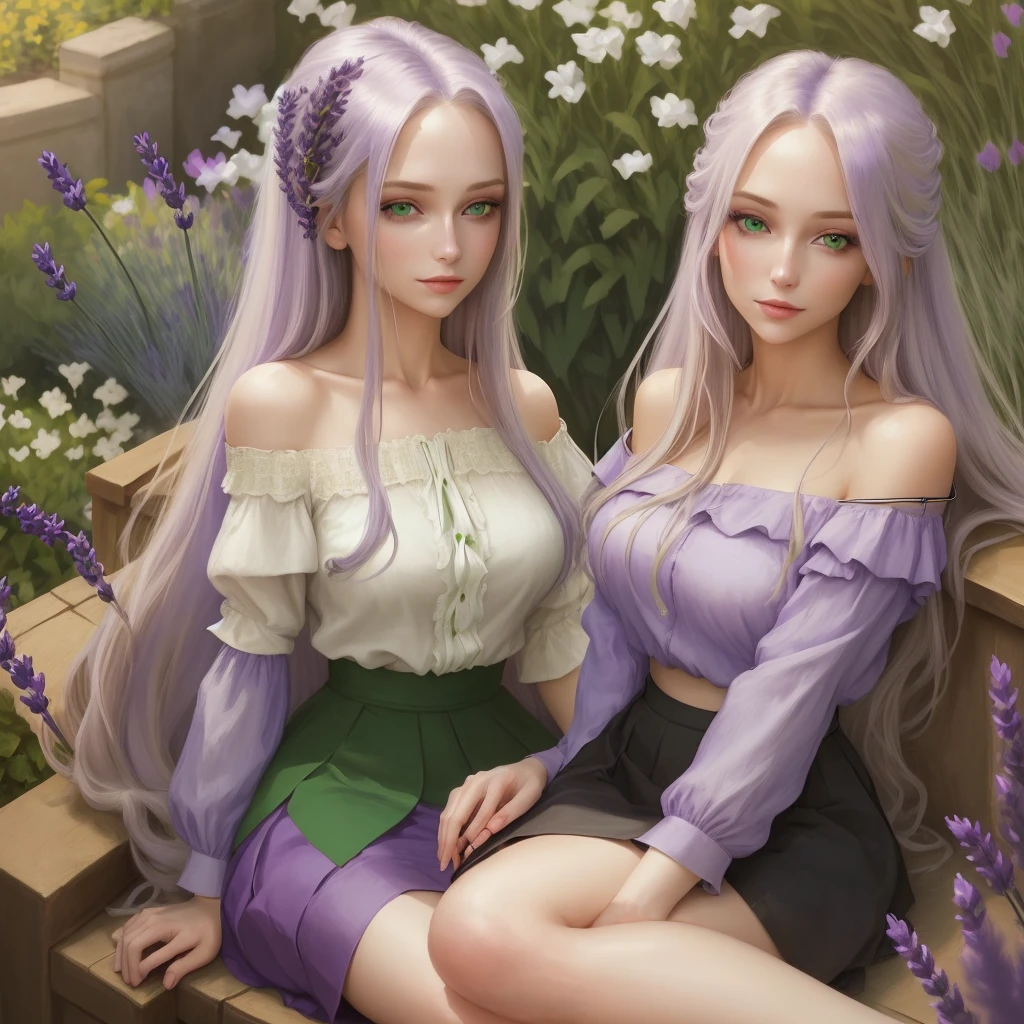 A beautiful woman with long straight lavender hair wearing an off-the-shoulder shirt and skirt with green eyes sitting in a garden