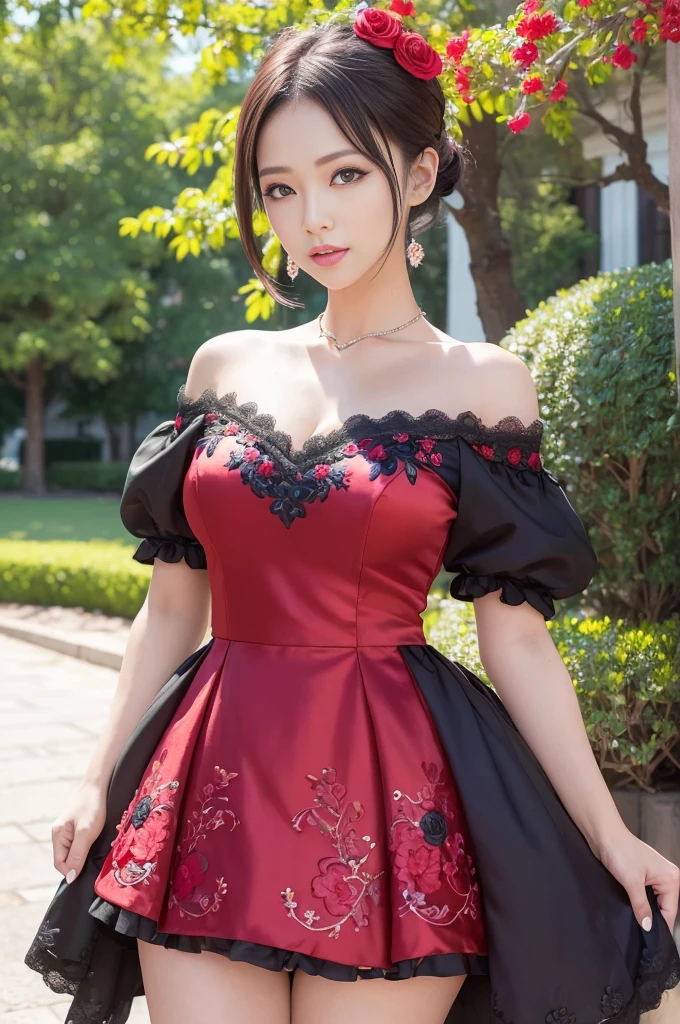 (masterpiece:1.4), (best quality:1.4), ultra high res, ultra high resolution, ((detailed facial features)), HDR, (realistic, photorealistic, photo-realistic:1.37), full body Esbian, sexy Japanese model, (-anime), only 1 model, vivid colors, ((vivid colors multicolor very short hair)), (beautiful smile), lip-gloss, long lashes, defined eyebrows, wearing large sparkling colorful jewelery, wearing a red silk Paradise Kiss cosplay dress with black floral embroidery, ((vivid colors outfit)), vivid colors, look at the camera, cinematic light, large park background with trees, sweet and sexy pose