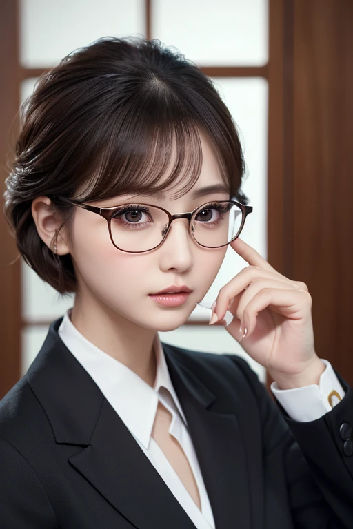 masterpiece、Highest quality、8k、Attractive beautiful large almond-shaped eyes、Big black eyes、Long eyelashes、美しい桜colorの唇、A high, well-defined nose、color々Hairstyle、美しく輝くcolor々な髪color、((Realistic:1.3))、Cinematic lighting、Challenging eyes、Bold composition、Detailed face on the market、Detailed、Golden Ratio Face、Ultra-high resolution、Beautifully detailed and realistic white skin、Fox-shaped glasses、紺colorスーツの美少女、Push up the rim of your glasses with your fingers、Intellectual、Office Lady、short hair
