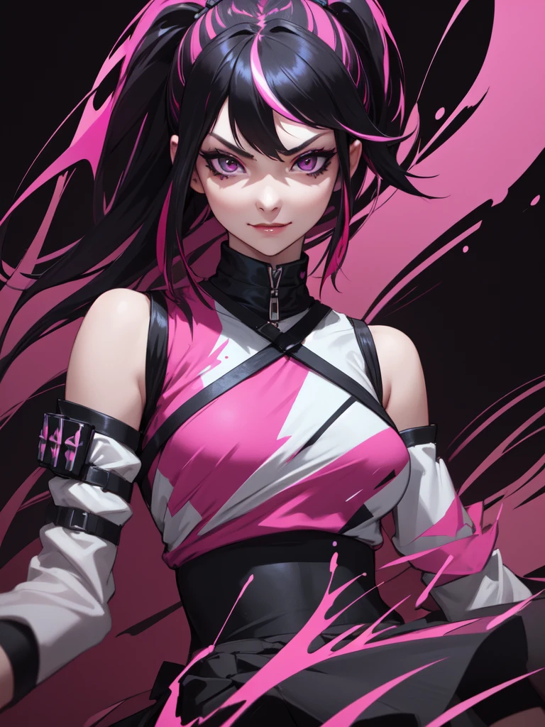 (((Portrait Photo))), She has the Appearance of Bold and Edgy Girl, with a Slim, Fashionable Build that Radiates Confidence. Her Long, Straight Black Hair is Accentuated by Vibrant Pink Streaks, Tied in a Spiky Short Ponytail, Adding a Striking and Rebellious Flair to Her Look. Her Dark Eyes are Intense and Expressive, Filled with a Sense of Mischief and Determination, Giving Her a Fierce and Charismatic Aura. Her Expression is Playful and Defiant, with a Smug, Confident Smile that Conveys a Sense of Boldness and Independence. (((High Quality, Dark Background))), (((Portrait Photo))), (((Streaked Hair))), (((Sleeveless Top with Straps))), ((Loose Sleeves)), (((High-Waisted Skirt)))