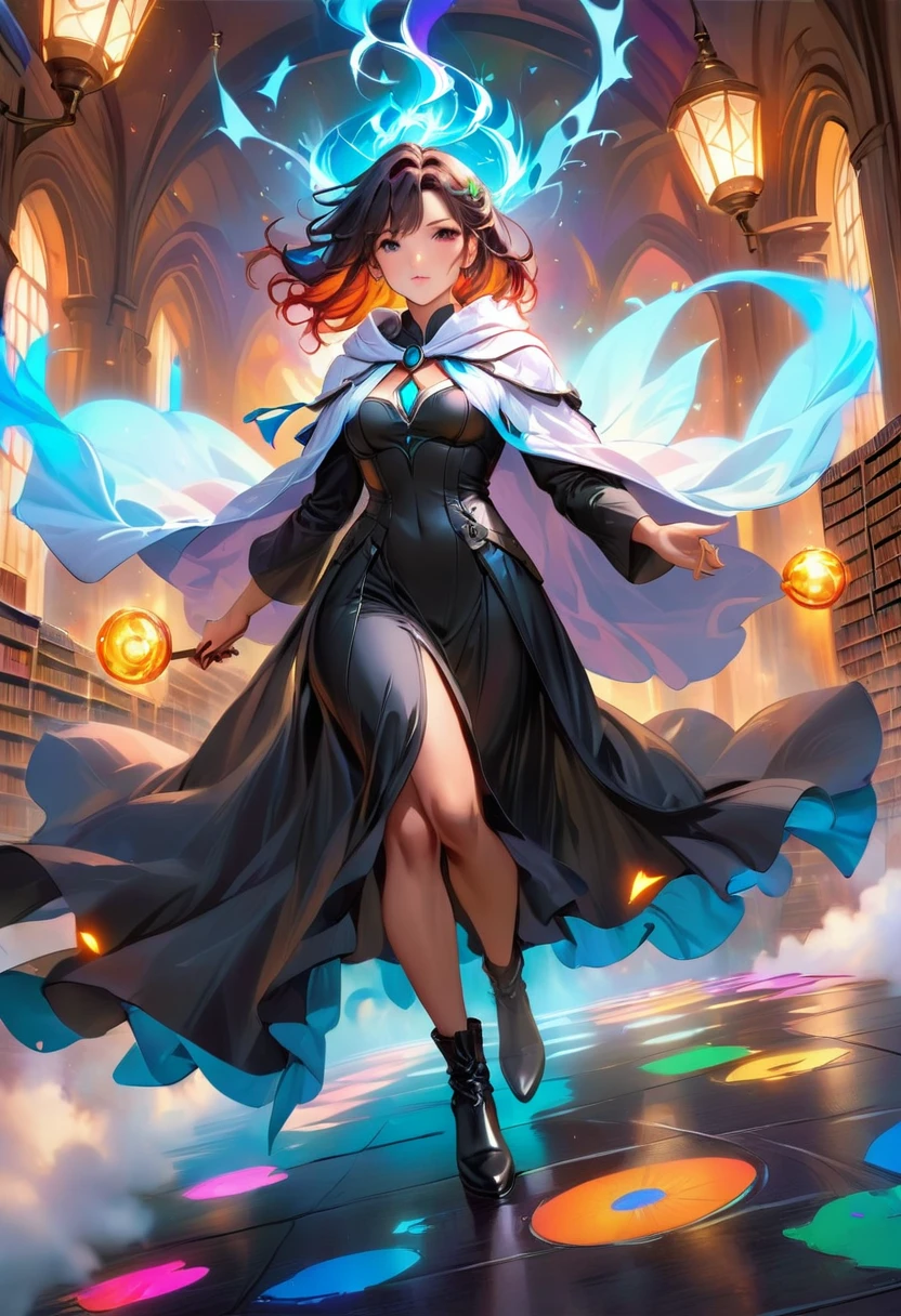 a masterwork picture of a sorceress casting a spell in magical library, exquisite beautiful woman, dynamic hair color, dynamic hair style, ((full body shot: 1.5)), ((anatomically correct: 1.5)), (ultra detailed face: 1.4), best detailed face,  (long black dress: 1.2), (white cloak: 1.3), high heeled boots  masterpiece, best quality, (extremely detailed), vibrant, Hyperrealism style, vibrant, Ultra-high resolution, High Contrast, (masterpiece:1.5), highest quality, Best aesthetics), best details, best quality, highres, ultra wide angle, 16k, [ultra detailed], masterpiece, best quality, (extremely detailed) RAW, FairyTaleAI, Hyperrealism style, rpg portrait photograph