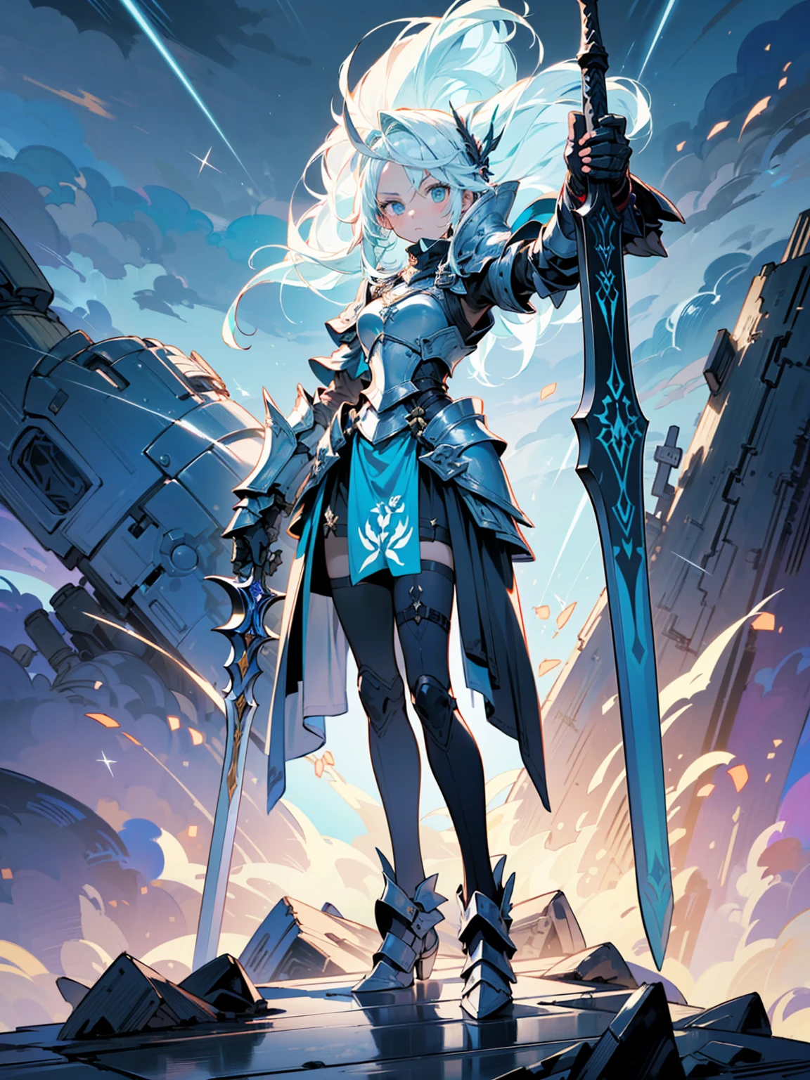 (((masterpiece, best quality, high detailed, 8k))) Design a layout showcase Gaming character, (1girl). Silver+Blue armor, stylish and unique. ((showcase weapon:1.4)), lightning rod. (masterpiece:1.2), (best quality), 4k, ultra-detailed. (Step by step design, layout art:1.5), (luminous lighting, atmospheric lighting). storm mage, ((glove full hands)), (((revealing armor:1.3))), vambraces, armored legwear, (((full_body_shot:1.4))). {During a thunderstorm}.