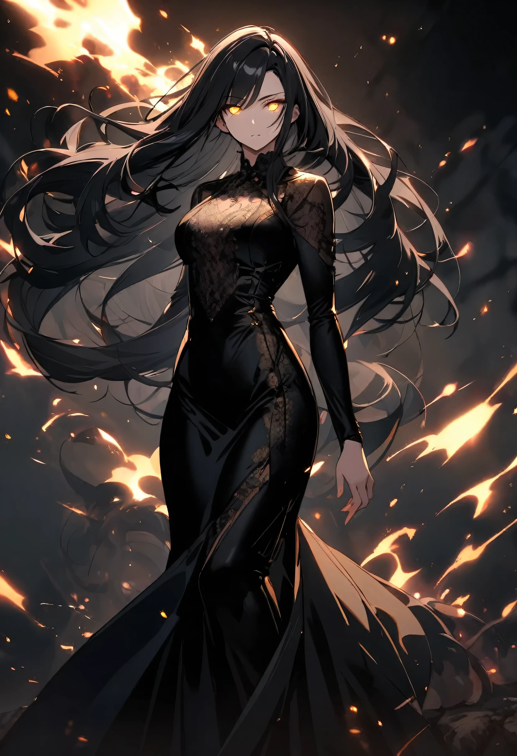Girl, long hair, golden eyes, glowing eyes, black hair, mature beauty, pretty, black aura, Black Long dress