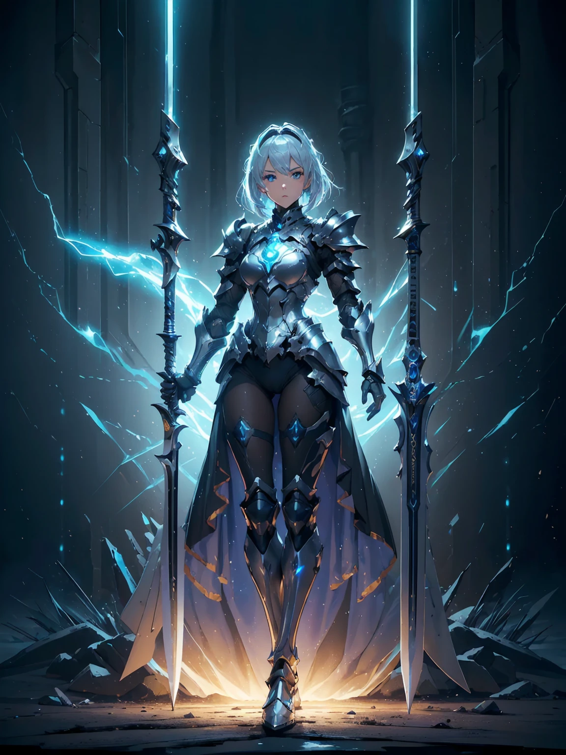(((masterpiece, best quality, high detailed, 8k))) Design a layout showcase Gaming character, (1girl). Silver+Blue armor, stylish and unique. ((showcase weapon:1.4)), lightning rod. (masterpiece:1.2), (best quality), 4k, ultra-detailed. (Step by step design, layout art:1.5), (luminous lighting, atmospheric lighting). storm mage, ((glove full hands)), (((revealing armor:1.3))), vambraces, armored legwear, (((full_body_shot:1.4))). {During a thunderstorm}.