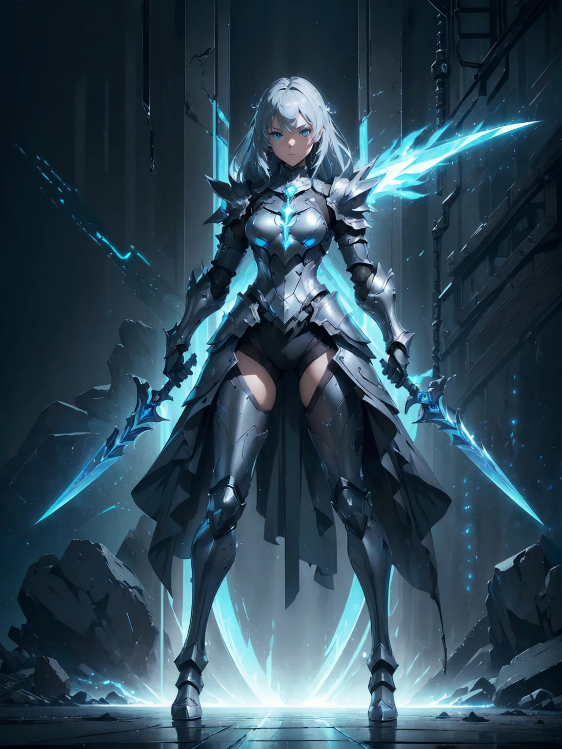 (((masterpiece, best quality, high detailed, 8k))) Design a layout showcase Gaming character, (1girl). Silver+Blue armor, stylish and unique. ((showcase weapon:1.4)), lightning rod. (masterpiece:1.2), (best quality), 4k, ultra-detailed. (Step by step design, layout art:1.5), (luminous lighting, atmospheric lighting). storm mage, ((glove full hands)), (((revealing armor:1.3))), vambraces, armored legwear, (((full_body_shot:1.4))). {During a thunderstorm}.