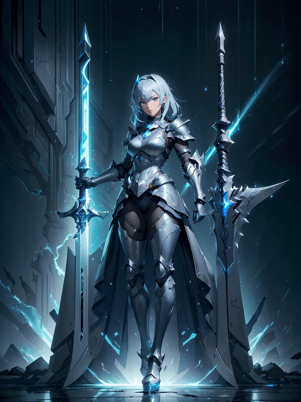 (((masterpiece, best quality, high detailed, 8k))) Design a layout showcase Gaming character, (1girl). Silver+Blue armor, stylish and unique. ((showcase weapon:1.4)), lightning rod. (masterpiece:1.2), (best quality), 4k, ultra-detailed. (Step by step design, layout art:1.5), (luminous lighting, atmospheric lighting). storm mage, ((glove full hands)), (((revealing armor:1.3))), vambraces, armored legwear, (((full_body_shot:1.4))). {During a thunderstorm}.