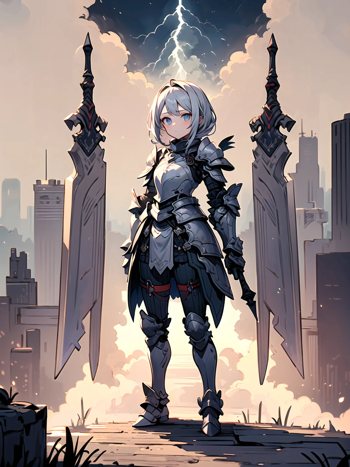 (((masterpiece, best quality, high detailed, 8k))) Design a layout showcase Gaming character, (1girl). Silver+Blue armor, stylish and unique. ((showcase weapon:1.4)), lightning rod. (masterpiece:1.2), (best quality), 4k, ultra-detailed. (Step by step design, layout art:1.5), (luminous lighting, atmospheric lighting). storm mage, ((glove full hands)), (((revealing armor:1.3))), vambraces, armored legwear, (((full_body_shot:1.4))). {During a thunderstorm}.

