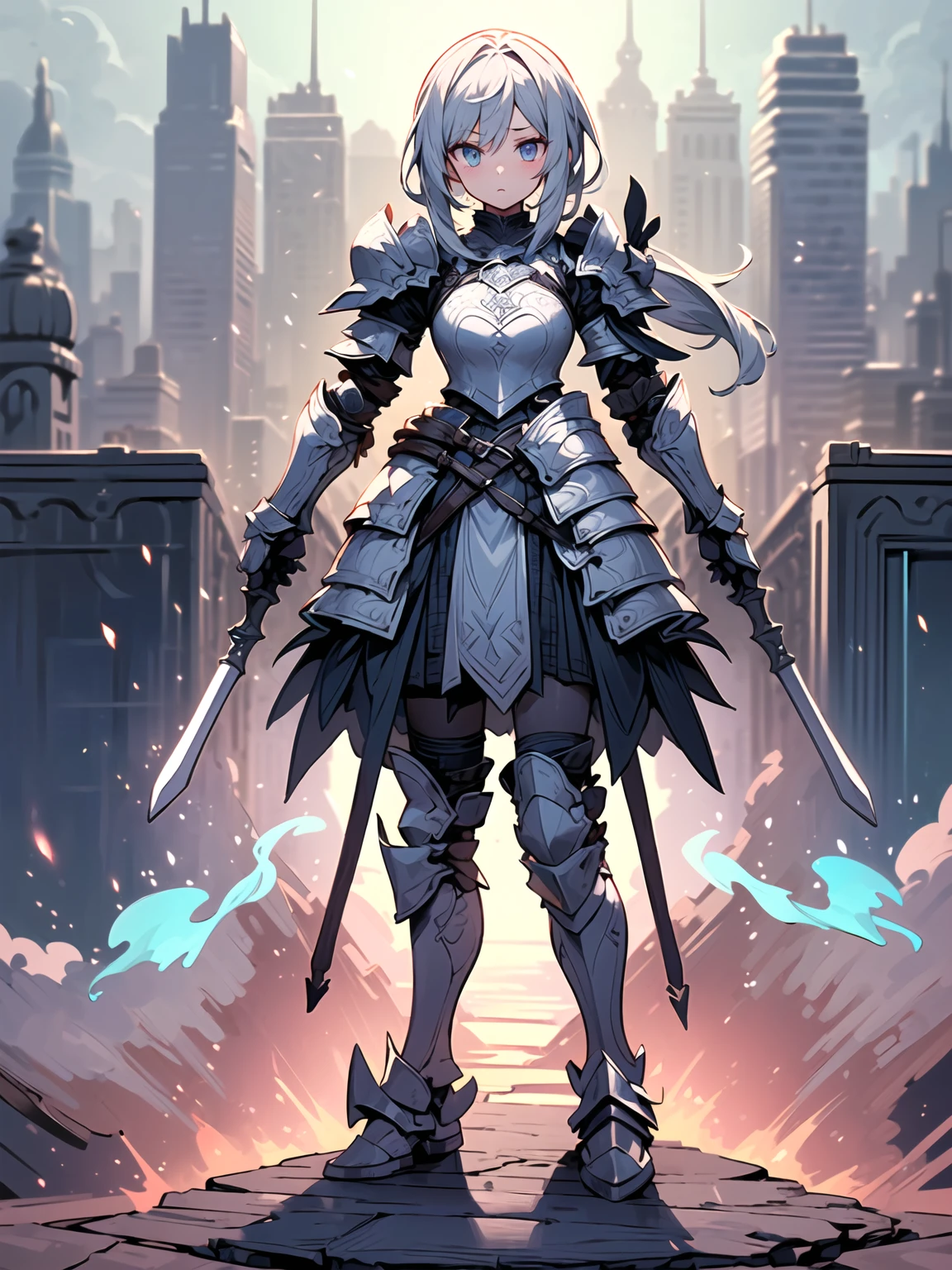 (((masterpiece, best quality, high detailed, 8k))) Design a layout showcase Gaming character, (1girl). Silver+Blue armor, stylish and unique. ((showcase weapon:1.4)), lightning rod. (masterpiece:1.2), (best quality), 4k, ultra-detailed. (Step by step design, layout art:1.5), (luminous lighting, atmospheric lighting). storm mage, ((glove full hands)), (((revealing armor:1.3))), vambraces, armored legwear, (((full_body_shot:1.4))). {During a thunderstorm}.