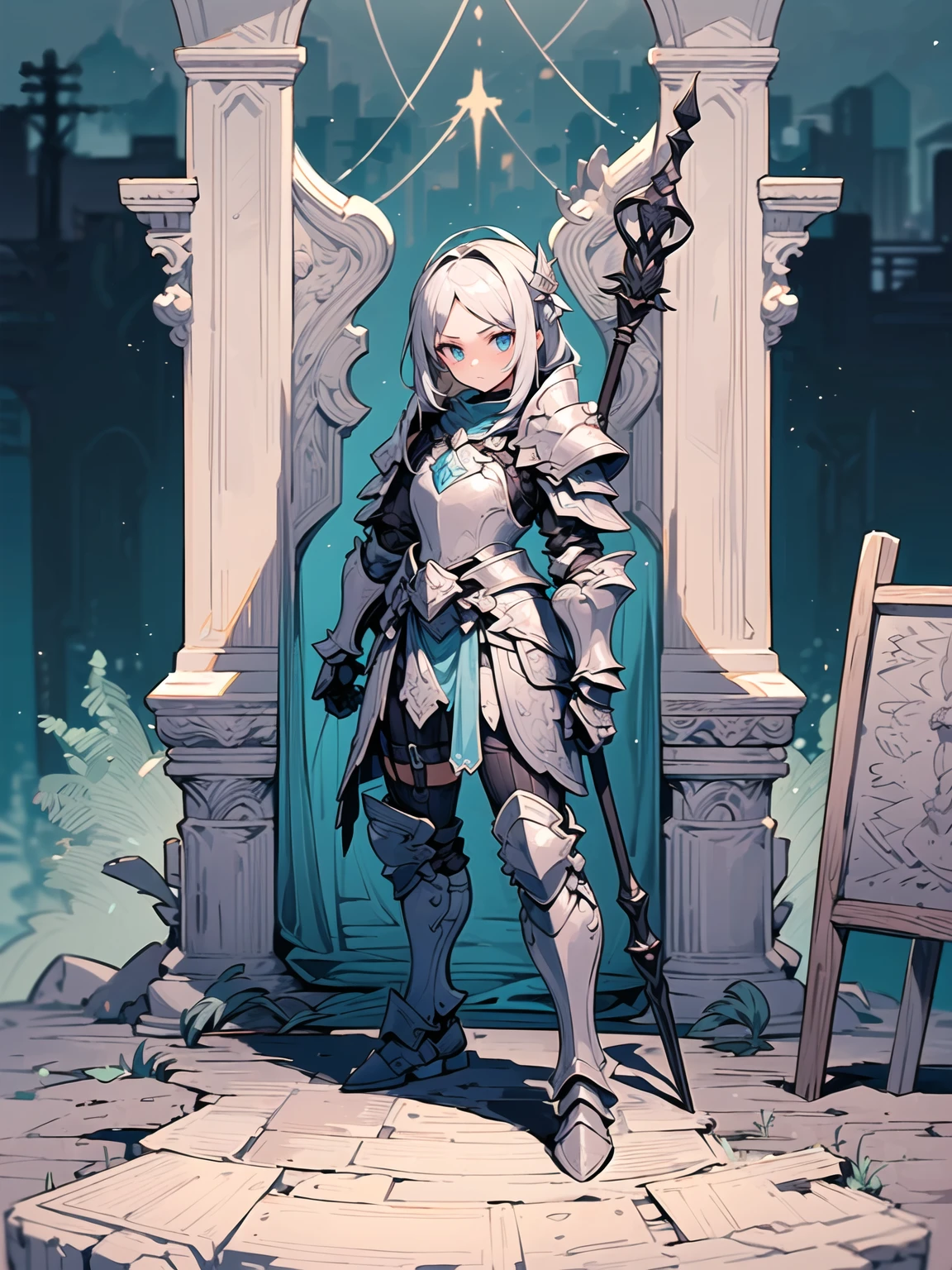(((masterpiece, best quality, high detailed, 8k))) Design a layout showcase Gaming character, (1girl). Silver+Blue armor, stylish and unique. ((showcase weapon:1.4)), lightning rod. (masterpiece:1.2), (best quality), 4k, ultra-detailed. (Step by step design, layout art:1.5), (luminous lighting, atmospheric lighting). storm mage, ((glove full hands)), (((revealing armor:1.3))), vambraces, armored legwear, (((full_body_shot:1.4))). {During a thunderstorm}.