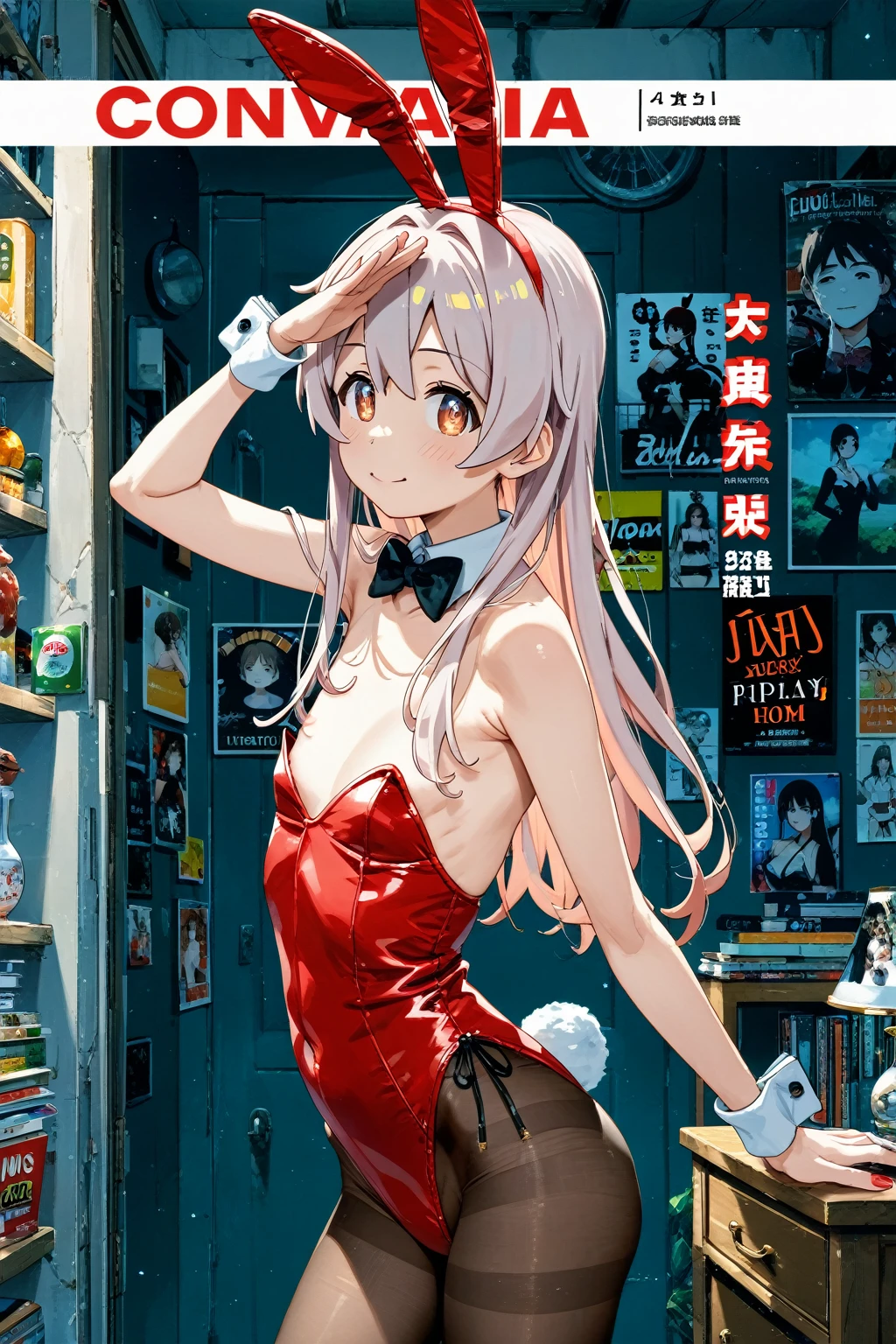 score_9, score_8_up, score_7_up, source_anime, source_cartoon, 1girl, oyama mahiro, onii-chan wa oshimai!, flat chest, tegaki, fake white bunny ears, bunny tail, playboy_bunny girl, pantyhose, red enamel leotard, wrist cuffs, bowtie, bare shoulder, portrait, (In a dimly lit and cluttered anime nerd's room:1.2), anime poster, Magazine Cover, (\\//, vulcan salute)