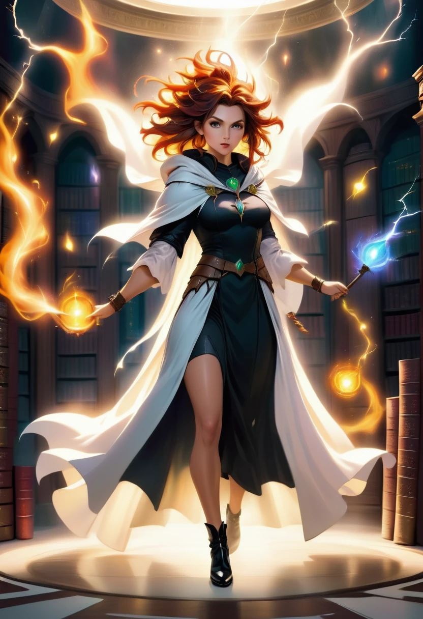 a masterwork picture of a sorceress casting a spell in magical library, exquisite beautiful woman, dynamic hair color, dynamic hair style, ((full body shot: 1.5)), ((anatomically correct: 1.5)), (ultra detailed face: 1.2), best detailed face, high details, best quality, 16k, (long black dress: 1.2), (white cloak: 1.3), high heeled boots (ultra details, Masterpiece, best quality) masterpiece, best quality, (extremely detailed), full body, ultra wide shot, (ultra details, Masterpiece, best quality), fantasy art, dnd art,fantasy art, realistic art, (ultra details, Masterpiece, best quality), (ultra details, Masterpiece, best quality), LightningMagicAI, Hyperrealism style, rpg portrait
photograph