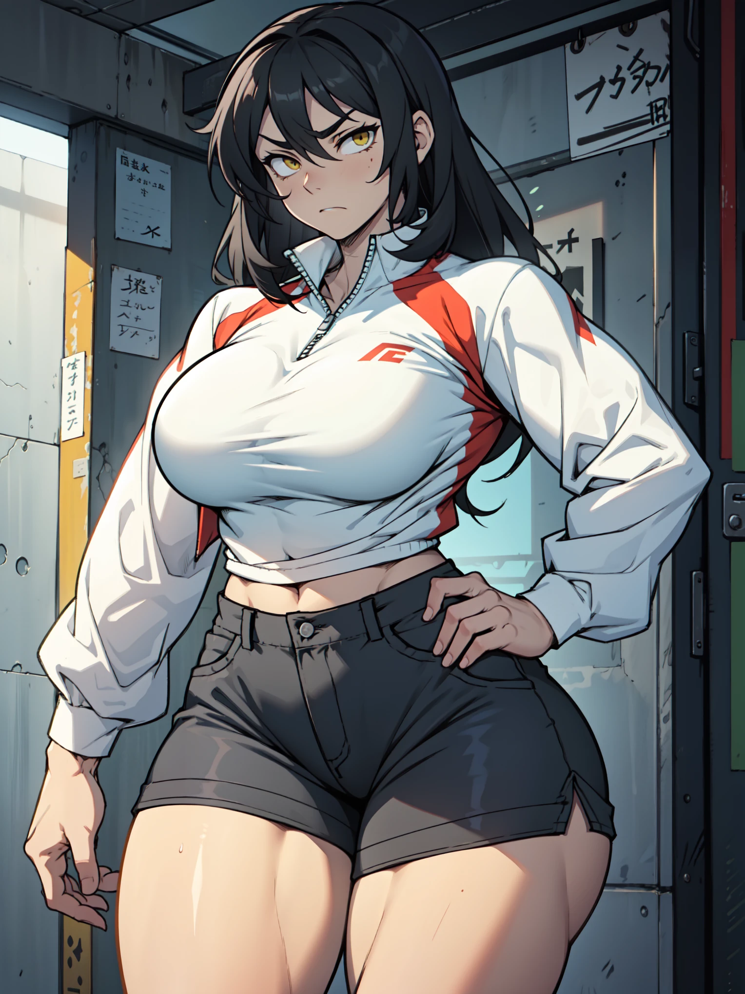 thick thighs wide hips muscular toned body massive breasts athletic girl black hair yellow eyes pale skin massive hair sad frown disappointed expressionless long sleeve tight shirt tight shorts