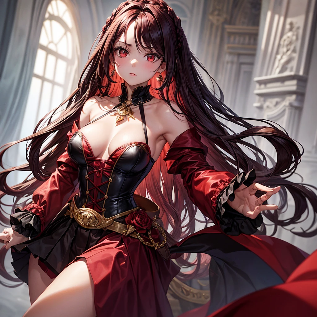 Masterpiece, best quality, 1_woman, (upper body), (Caucasian skin_complexion) (looking away from the viewer) bent over, , long double hair braids, dark red hair, diamond shaped eyes, , large_bust, chest window, cleavage, dark red (Victorian blazer),tan halter top blouse, double button breast, long dark red (ta skirt), silver trim, black tights, barefoot, small waist