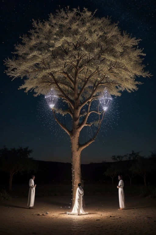 An artistic representation of the African deities of the orixás, depicted in forms of sparkling lights around the fig tree during the ritual of the  black boy in white robes.