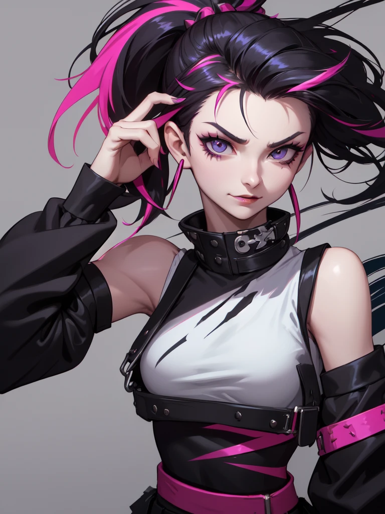(((Portrait Photo))), She has the Appearance of Bold and Edgy Girl, with a Slim, Fashionable Build that Radiates Confidence. Her Long, Straight Black Hair is Accentuated by Vibrant Pink Streaks, Tied in a Spiky Short Ponytail, Adding a Striking and Rebellious Flair to Her Look. Her Dark Eyes are Intense and Expressive, Filled with a Sense of Mischief and Determination, Giving Her a Fierce and Charismatic Aura. Her Expression is Playful and Defiant, with a Smug, Confident Smile that Conveys a Sense of Boldness and Independence. (((High Quality, Dark Background))), (((Portrait Photo))), (((Streaked Hair))), (((Sleeveless Top with Straps and Loose Sleeves)))