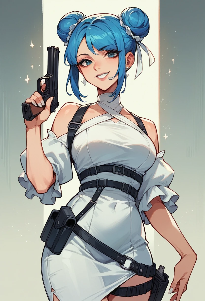 beautyfull woman, blue buns hair, blue hair, white dress, holsters, adult, smile, white lipstick, holding gun, white chocker