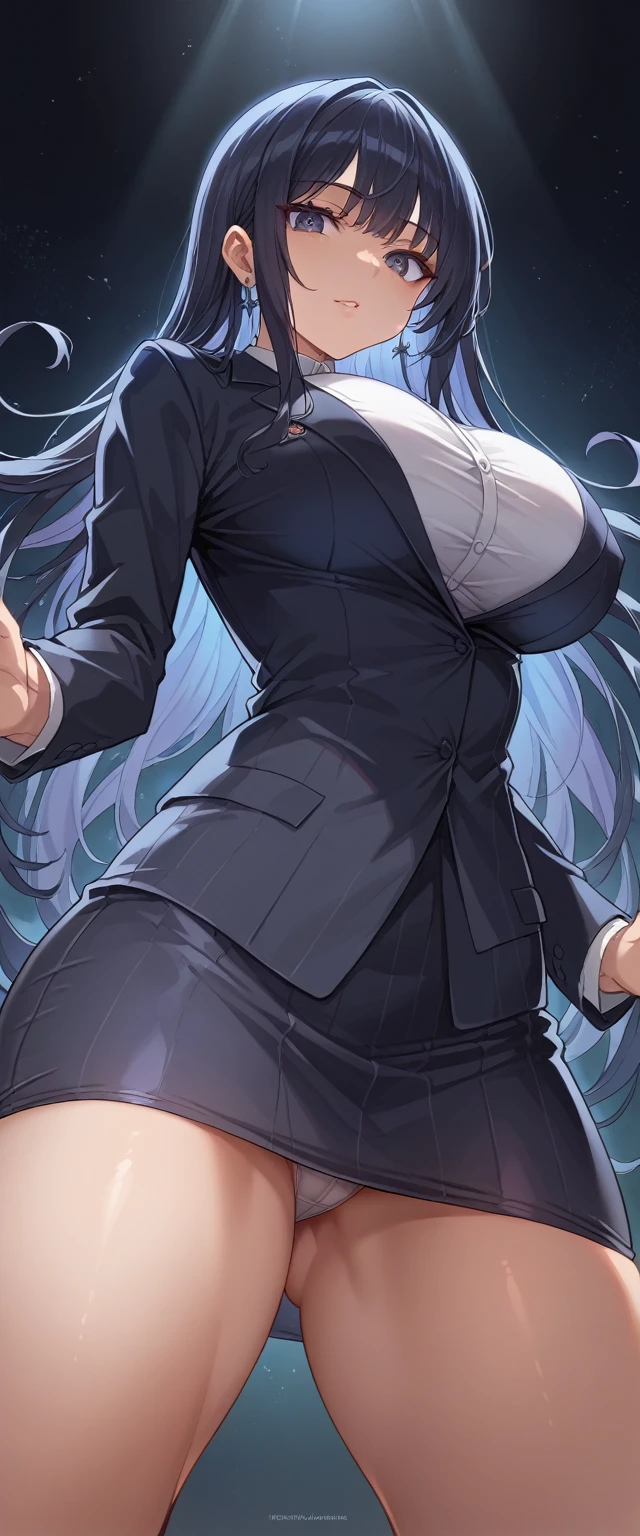 (masterpiece:1.2), ((Maximum quality)), (detailed:1.2), (NSFW), (professional art:1.1), ((cinematographic lighting)), (anime artistic style), (sharp colors:1.1) Wallpaper, 1 girl, big breasts, big butt, dark and provocative style clothing at the same time, gothic style, Pose Horny, she is horny, totally dark background, dynamic view from below