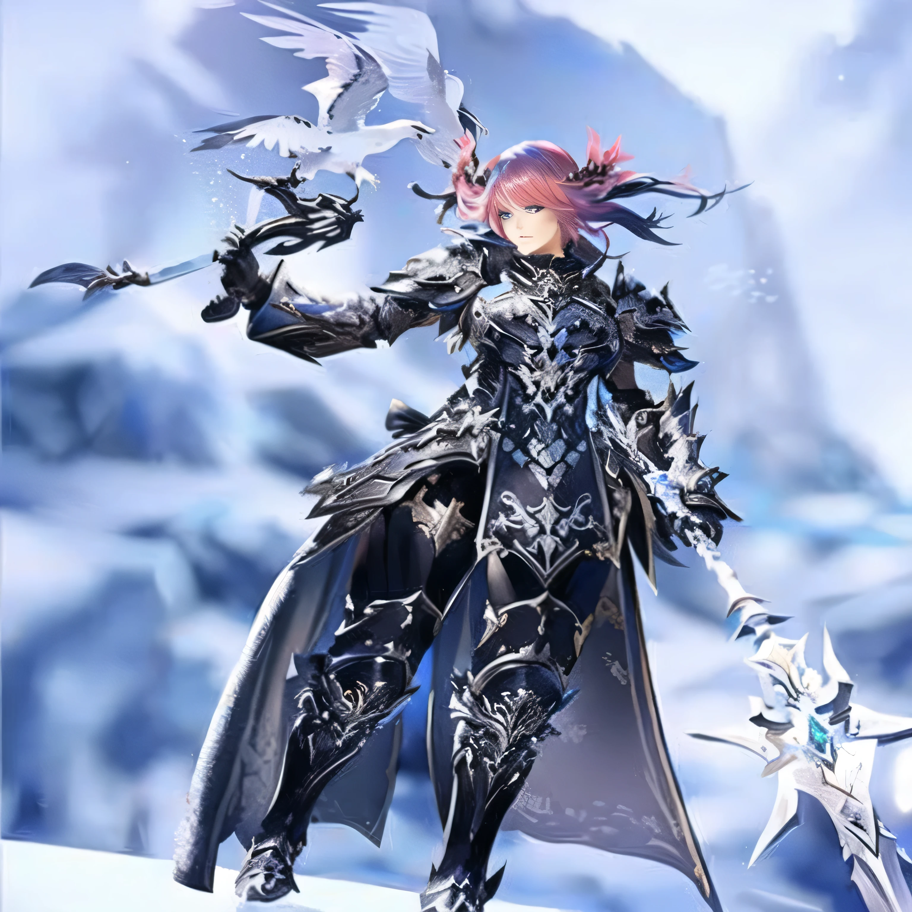 a close-up of a person holding a sword and a bird, chipped ice-colored reflected armor, ffxiv heavensward, Aion Aion, scandelous fantasy armor, glossy black armor, pale black armor, ornate gothic armor, gothic armor, black fire colored reflected armor, full body xianxia, ice crystal armor, ffxiv, detailed fantasy armor, sharp black armor
