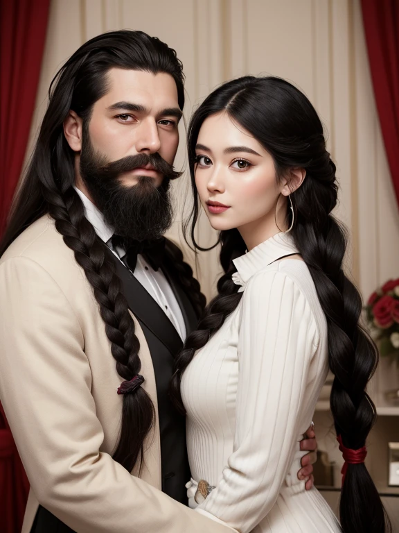 A man with a perfect face stands next to a woman with a perfect face. They both want wedding clothes and they stand in the guest room with a red cake in front of themThe woman has very long black hair, styled in braids, and the man has a large beard and mustache ,realisian model , realistic style