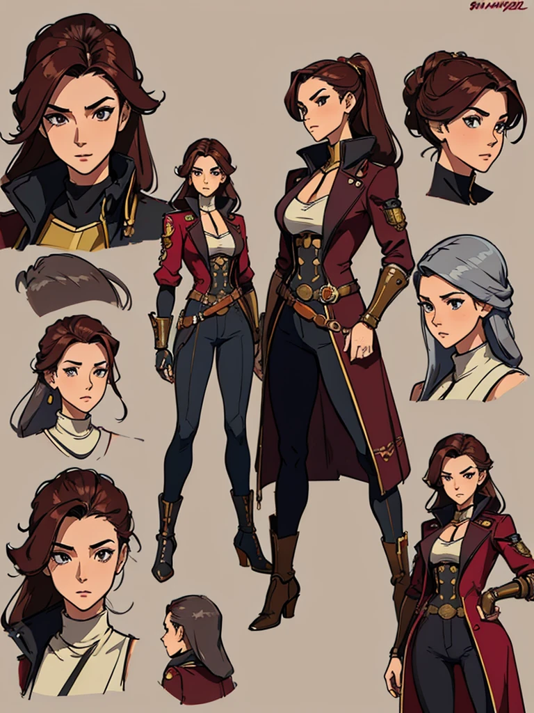 (masterpiece, best quality, character design plug, character reference sheet, concept art, same character, detailed face, super detailed, advanced details, highest quality, high resolution, 8K) full body female wearing a maroon and gold and futuristic capitain navigator pirate steampunk clothes, Portugal theme, long hair, light grey background color