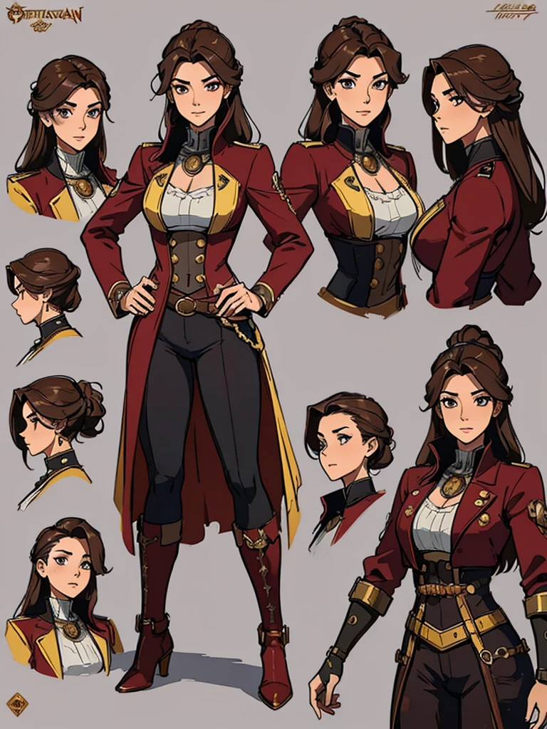 (masterpiece, best quality, character design plug, character reference sheet, concept art, same character, detailed face, super detailed, advanced details, highest quality, high resolution, 8K) full body female wearing a maroon and gold and futuristic capitain navigator pirate steampunk clothes, Portugal theme, long hair, light grey background color