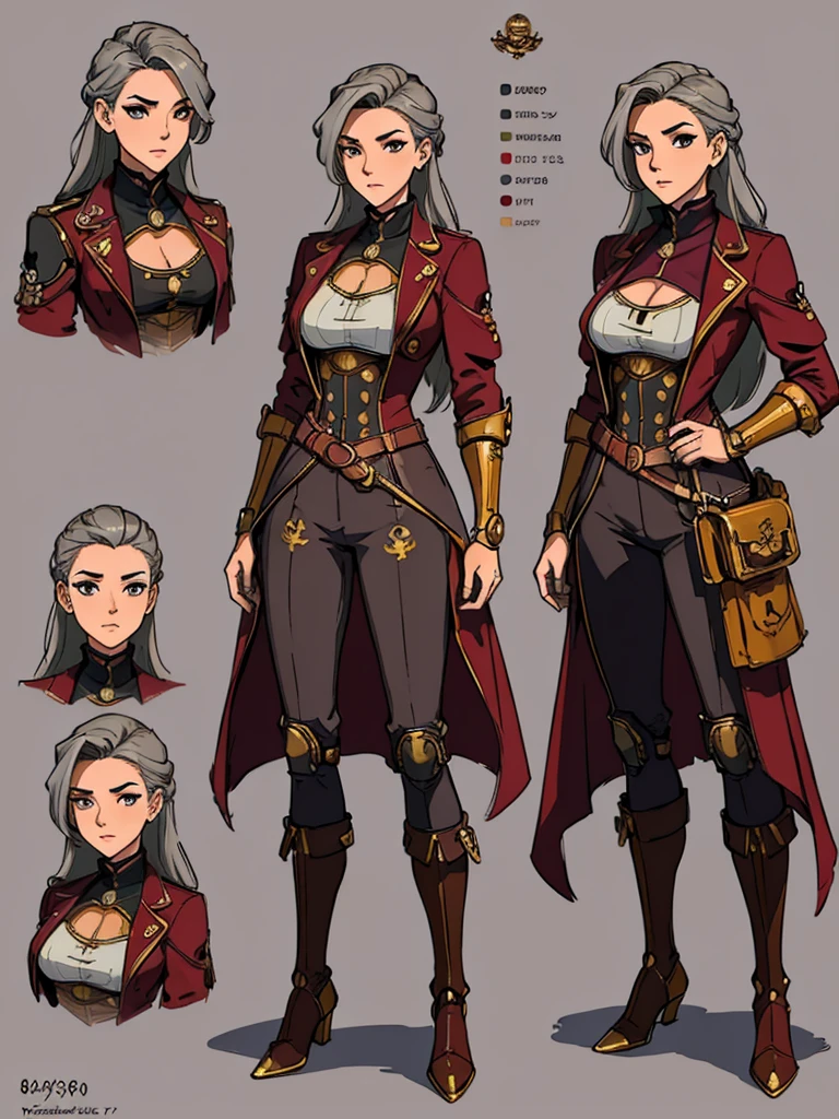 (masterpiece, best quality, character design plug, character reference sheet, concept art, same character, detailed face, super detailed, advanced details, highest quality, high resolution, 8K) full body female wearing a maroon and gold and futuristic capitain navigator pirate steampunk clothes, Portugal theme, long hair, light grey background color