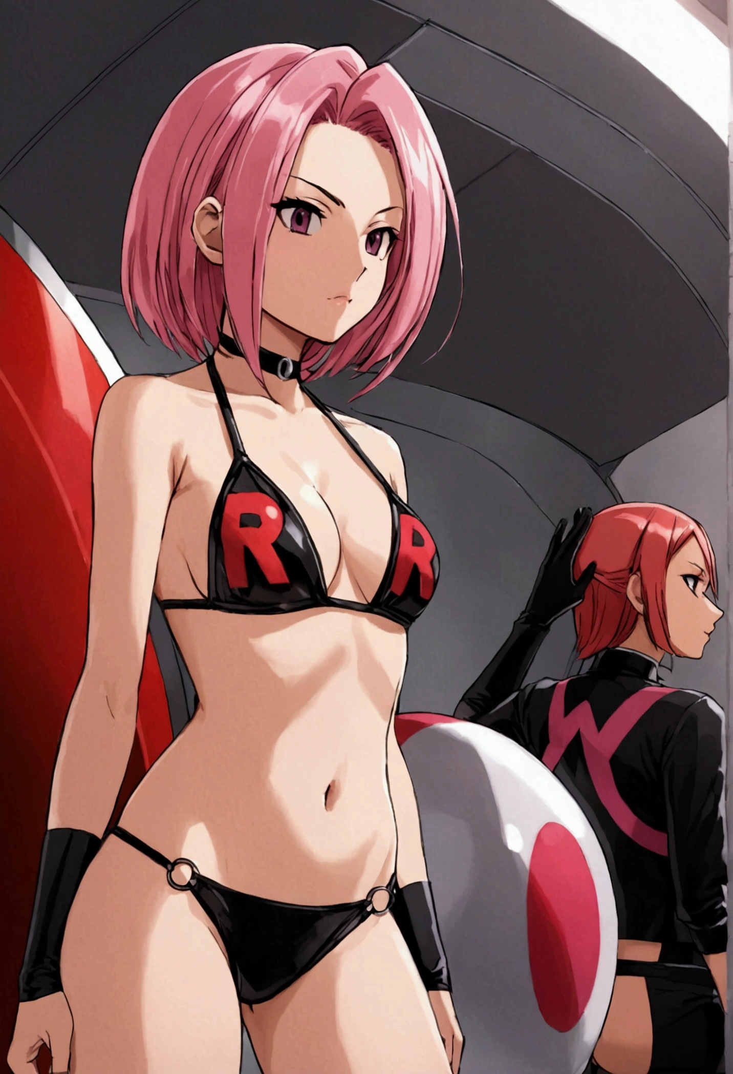 Sexy pink haired girl in a black team rocket bikini