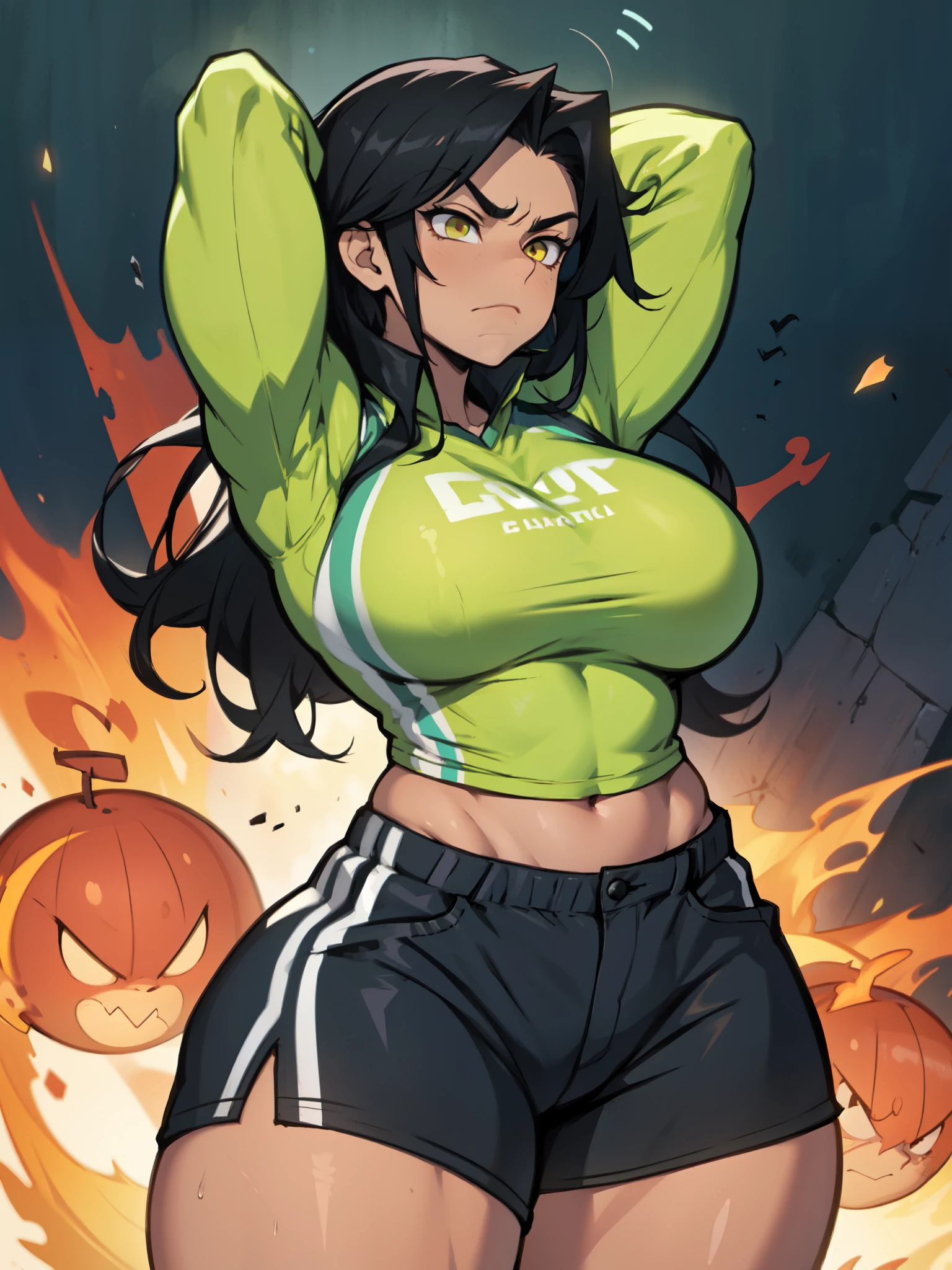 thick thighs wide hips muscular toned body massive breasts athletic girl black hair yellow eyes pale skin massive hair sad frown disappointed expressionless long sleeve tight shirt tight shorts
