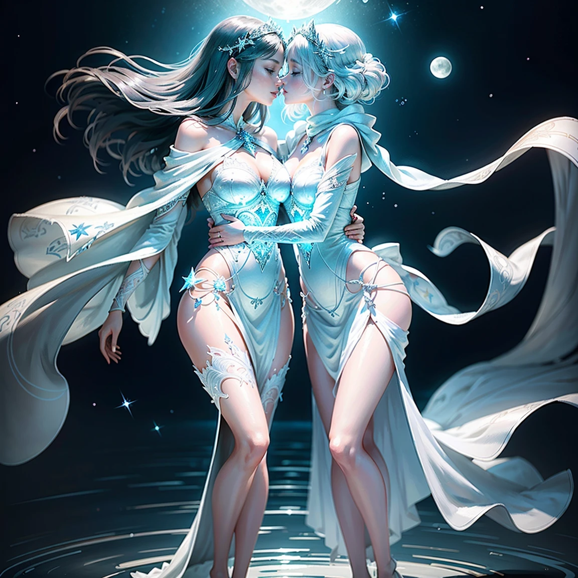 highest quality、masterpiece、8k、Realistic、超High resolution、Very delicate and beautiful、High resolution、Cinema Lighting、medium range shooting、Portraiture、Perfect female body、(Medium breast:1.3)、Opposition、Looking at the audience、((Silver Bob Hair:1.6、Shining by reflecting the moonlight、Deep blue eyeysterious glow reminiscent of a starry sky、Soft contours、Calm expression、Beautiful Lips、Slender and graceful physique、Elegance is more prominent than strength、Sparkling in the moonlight、((Flowing white robes:1.3、Star and moon patterns are woven into the fabric、Symbolizes magical power))、A silver pendant shines around her neck.、Collect magical energy、Always with a calm and gentle smile、Providing comfort to others、A graceful and easy walk、A movement that cuts through the air, (two girls are deeply in love with each other, kiss)