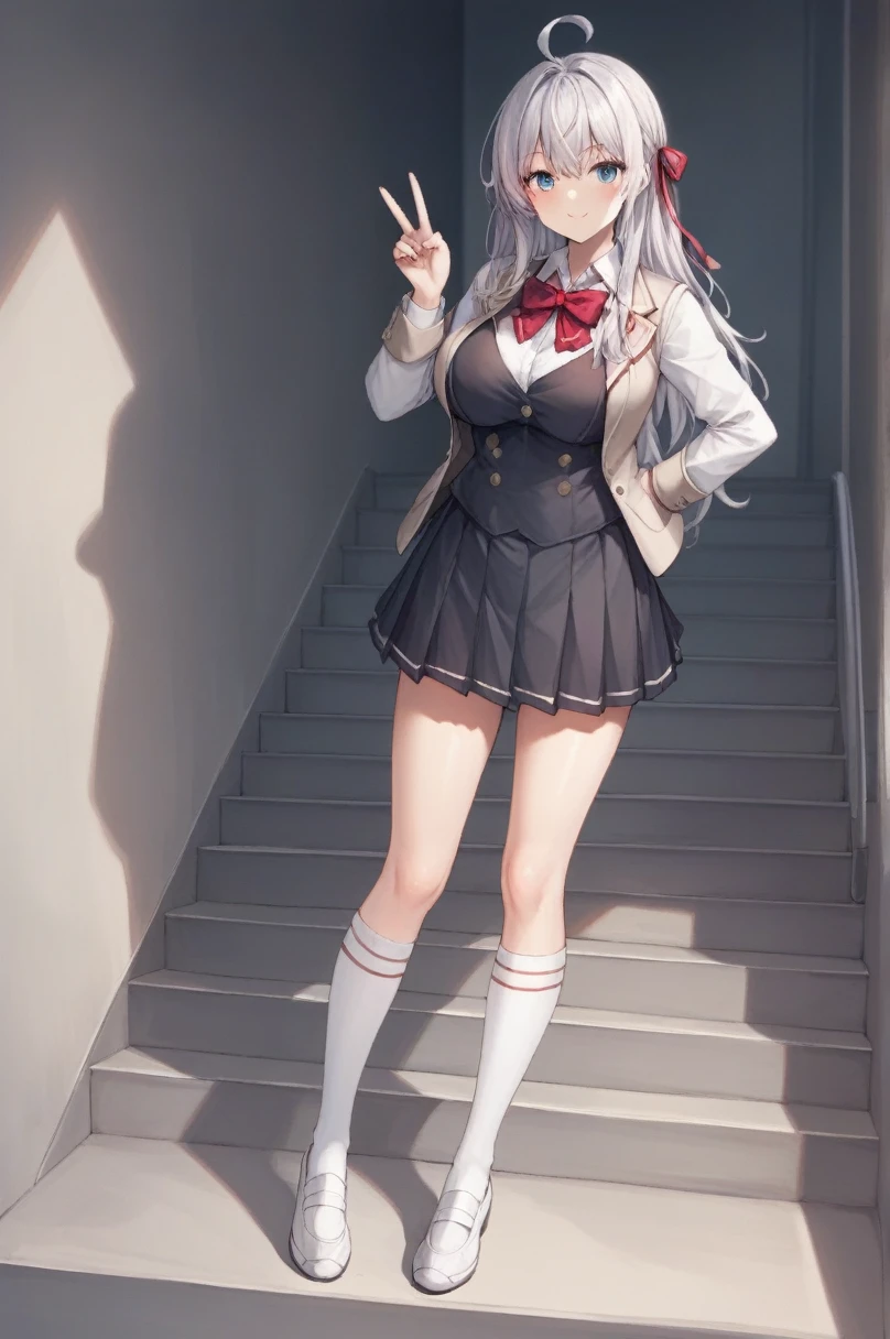 score_9, score_8_superior, score_7_superior, score_6_superior, score_5_superior, score_4_superior, Break Source_anime, Alisa Mikhailovna Kujo, blue eyes, Silver Hair, Long Hair, Red hair ribbon, White shirt, Ahoge, White shoes, Black vest, School black dress, White knee socks, Short beige blazer, Red bow tie, Are standing,Big Breasts,One-handed peace sign