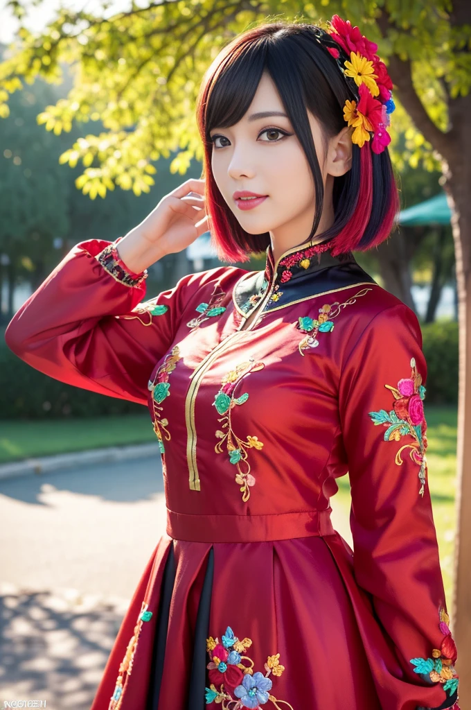 (masterpiece:1.4), (best quality:1.4), ultra high res, ultra high resolution, ((detailed facial features)), HDR, (realistic, photorealistic, photo-realistic:1.37), full body Esbian, sexy swedish model, (-anime), only 1 model, vivid colors, ((vivid colors multicolor very short hair)), beautiful smile, lip-gloss, long lashes, defined eyebrows, wearing large sparkling colorful jewelery, wearing a red silk Paradise Kiss cosplay dress with black floral embroidery, ((vivid colors outfit)), vivid colors, look at the camera, cinematic light, large park background with trees, sweet and sexy pose