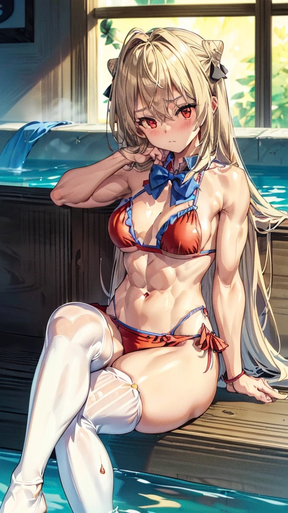 (((1 ta girl))), when he plows, (Red eyes: 1.5), blond hair, (blond hair: 1.1), by the wide, conical bun, hair ornament, hair shots, He drowned, Stripe, blue bow tie, (tight short bikini, ((red bikini)), white thighs, white thigh highs), has, (muscular belly), muscular abs, Wide hips, Thin waist, small breasts, (((posing sexy))), wearing black heels, (((sitting or sitting))), (((sentada abriendo las legs mostrando el coño apretado por el bikini))), {{{Full body photo}}}, blushing, embarrassed, ashamed, REST looking at the viewer , breaking and entering, pool, {pool de fondo}, interval (masterpiece: 1.2), Best Quality, highest resolution, unity wallpaper 8k, (illustration: 0.8), (beautiful detailed eyes: 1, 6), extremely detailed face, perfect lighting, Extremely detailed CG, (perfect anatomy), {anatomically correct}, {{Correct Tips, (hands, arms, legs, correct feet)}.