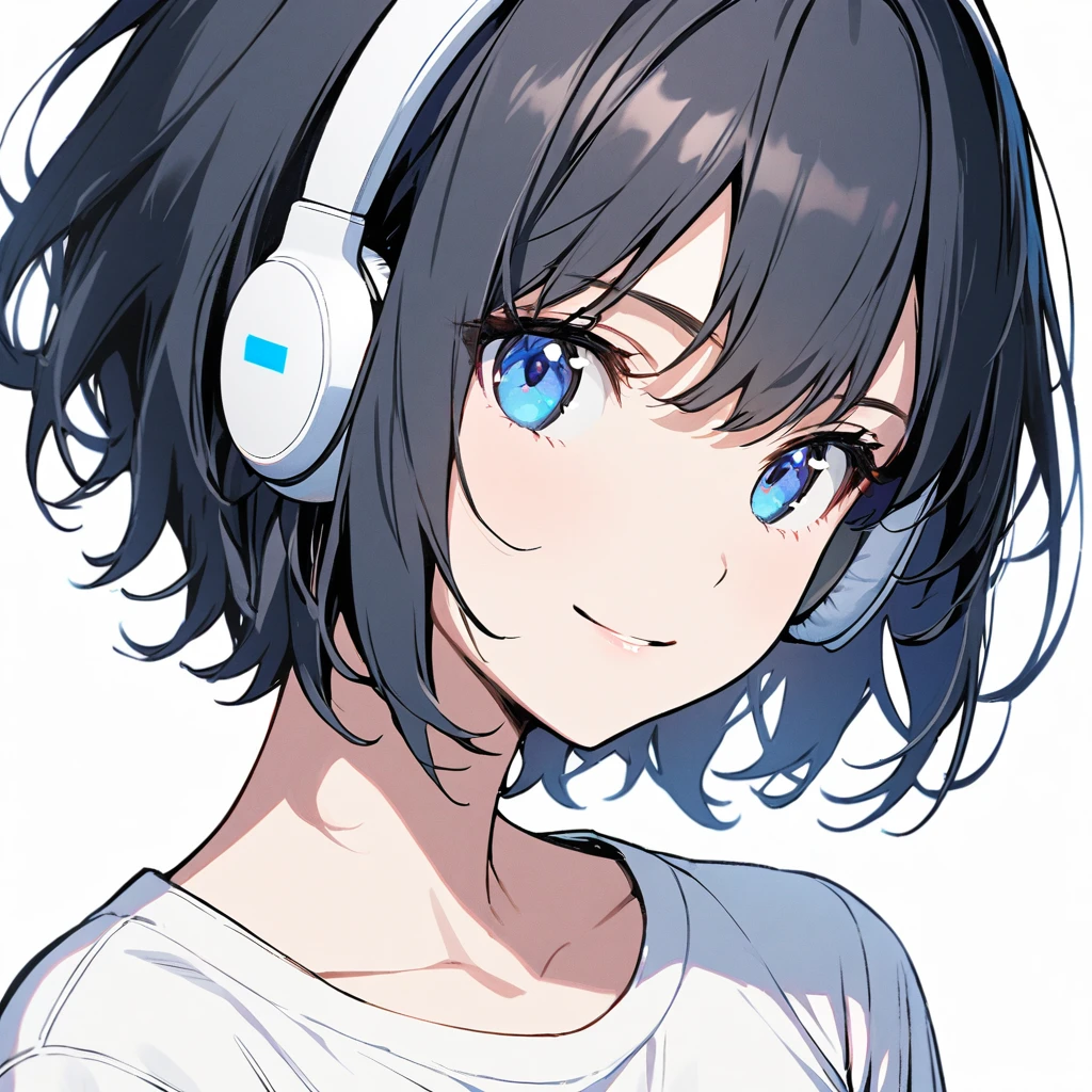 beautiful 1girl, solo, gentle smile on her face flat chest, short hair, black hair, blue eyes, young, adult woman, blank background, while wearing wireless white headphones, white t shirt