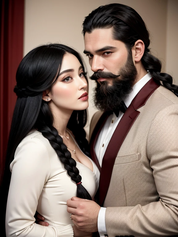 A man with a perfect face stands next to a woman with a perfect face. They both want wedding clothes and they stand in the guest room with a red cake in front of themThe woman has very long black hair, styled in braids, and the man has a large beard and mustache ,realisian model , realistic style ,man kiss lips woman
