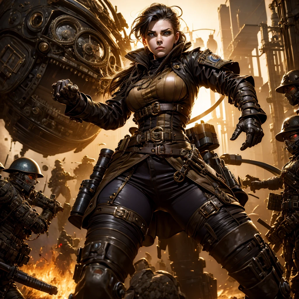 a woman in a steampunk military uniform is ready to fight in a battlefield, surrounded by threatening surreal figures.