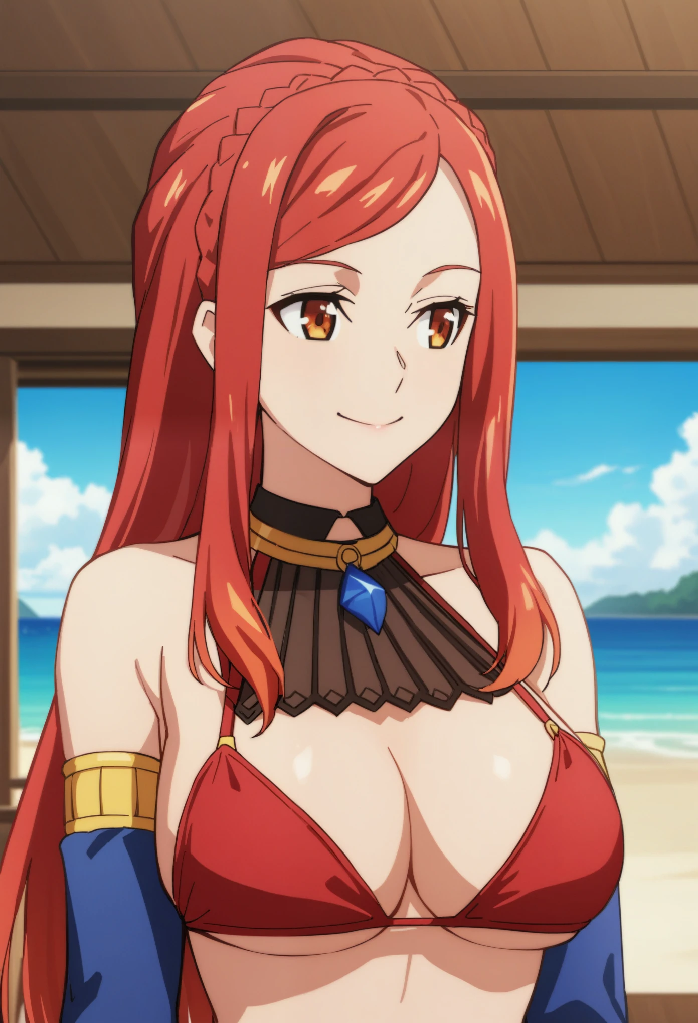 sysdeep_karnatia, 1girl, long_hair, big_, smile, gloves, closed_mouth, bare_shoulders, orange_eyes, upper_body, braid, red_hair, detached_sleeves, sleeveless, indoors, red_bikini, looking_to_the_side, swept_bangs, beach_background, bikini, crown_braid, karnatia_bikini