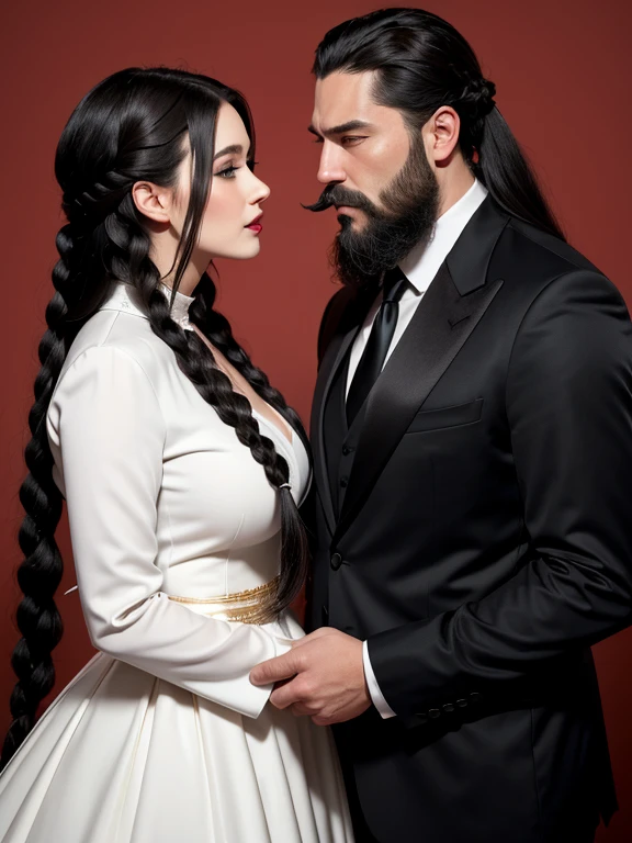 man kiss lips woman,A man with a perfect face stands next to a woman with a perfect face. They both want wedding clothes and they stand in the guest room with a red cake in front of themThe woman has very long black hair, styled in braids, and the man has a large beard and mustache ,realisian model , realistic style ,man kiss lips woman