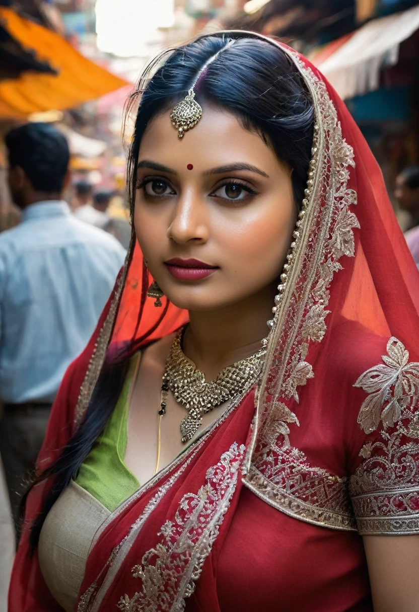 In the bustling streets of a vibrant Indian city, amidst the kaleidoscope of colors and scents, with big  and curvy ass clad in a vibrant red saree and a black blouse becomes an ethereal sight that captivates all who lay eyes upon her. Her undeniable beauty transcends time and space, leaving onlookers spellbound.

Describe the scene as the woman, with her graceful presence, glides through a crowded marketplace, where merchants and shoppers pause to admire her radiance. The atmosphere is alive with whispers as her mesmerizing allure evokes a sense of awe and admiration.

Embark on a journey to reveal the woman’s story—her name, her background, her passions—and the reasons behind her choice of attire. Explore her persona, intertwining elements of mystery and allure, as people speculate on the secrets hiding behind her enchanting gaze.

Incorporate the sights, sounds, and emotions that surround this extraordinary woman, as she navigates through the city’s vibrant tapestry. Whether it be the scent of freshly ground spices, the distant sound of temple bells, or the intricate henna designs adorning her hands, immerse the reader in the sensory experience of this captivating moment.

As the story unfolds, her path intertwines with that of a curious photographer who becomes determined to capture her undeniable beauty in a single photograph. Describe their encounters, the photographer’s attempts to understand her story, and the profound impact this woman’s presence has on his own life.(Blur Background:1.6), (Blue Hue:0.8), (Auto focus:1.4)