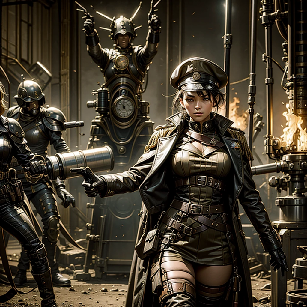 a woman in a steampunk military uniform is ready to fight in a battlefield, surrounded by threatening surreal figures.