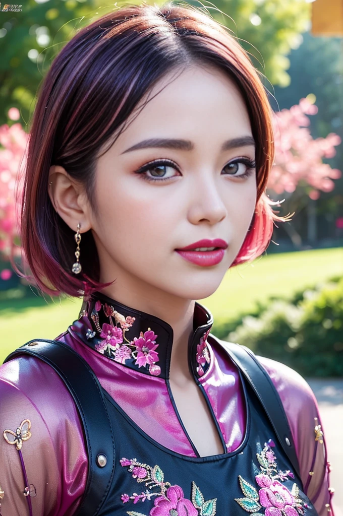 (masterpiece:1.4), (best quality:1.4), ultra high res, ultra high resolution, ((detailed facial features)), HDR, (realistic, photorealistic, photo-realistic:1.37), full body Esbian, sexy Indonesian model, (-anime), only 1 model, vivid colors, ((vivid colors multicolor (fuchsia, pink, light blue, purple) very short hair)), (happy smile), lip-gloss, long lashes, ultra detailed metallic makeup, defined eyebrows, wearing a red silk Paradise Kiss cosplay dress with black floral embroidery, ((vivid colors outfit)), vivid colors, look at the camera, cinematic light, large park background with trees, sweet and sexy pose