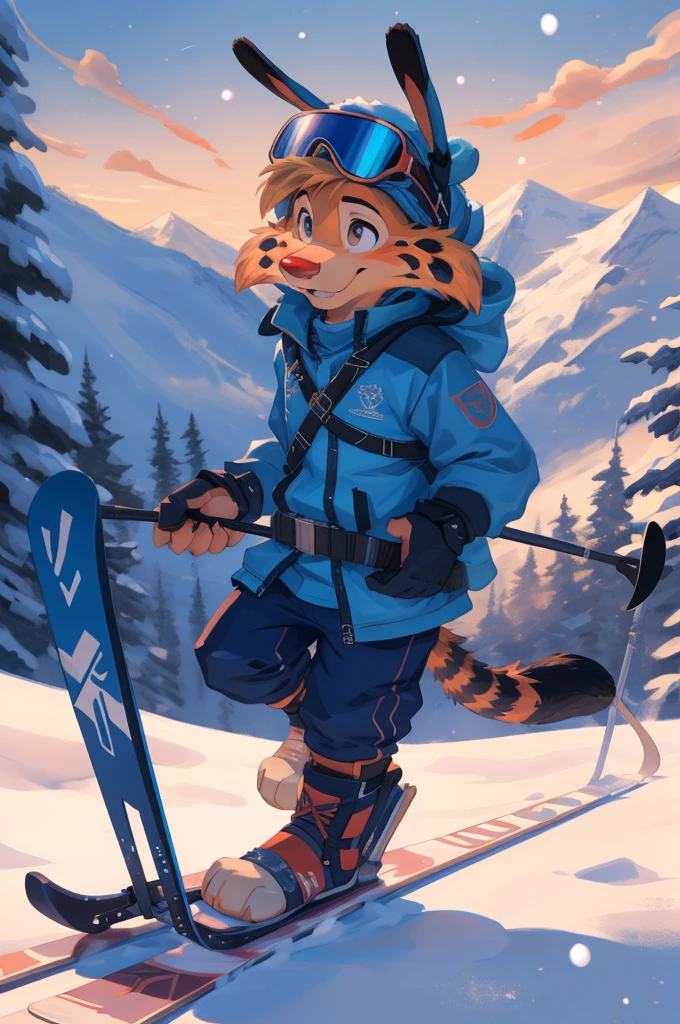 solo, skiing, slalom, snow sports, red nose, white gloves, skiing uniform, ski helmet, ski googles,  Tail, BonkersTVTonAniYif, focused look, determined, grinning, tongue out, [outdoors, snow, mountain] (beautiful, aesthetic, perfect, delicate, intricate, masterpiece,) [by dagasi|ancesra:0.6], [by foxovh|personalami:0.5], [by einshelm|tom_fischbach],