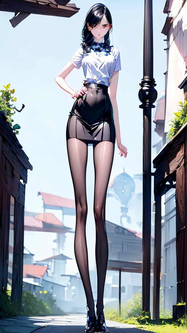 ((highest quality,4K,High resolution,masterpiece:1.2)),((Character Concept Art)), 1 female,  girl, 15 yearbeauty queen,,(The legs are very thin and straight)，,(Very long legs，Straight Legs),,Low heel,Long legs,stand up, Leg length from the front, Perfect body,Have perfect legs,(External)，, ((shoulder-length black hair)), Black Hair, (Fair skin color), Very detailed eyes (Black eye color), Innocent, beautiful, , slim body build, ((Intricate details)), Very finely crafted needles, Very finely crafted fingers(((10 fingers))), Wear a white short-sleeved school shirt with a bow tie, Gray school skirt, Knee-length school socks, Black school loafers, (Standing casually), (Full-body showcase), (Show your whole body), (No logos on background), (No logo), ((Plain background)), ((Plain background)), (((Sky Background)))