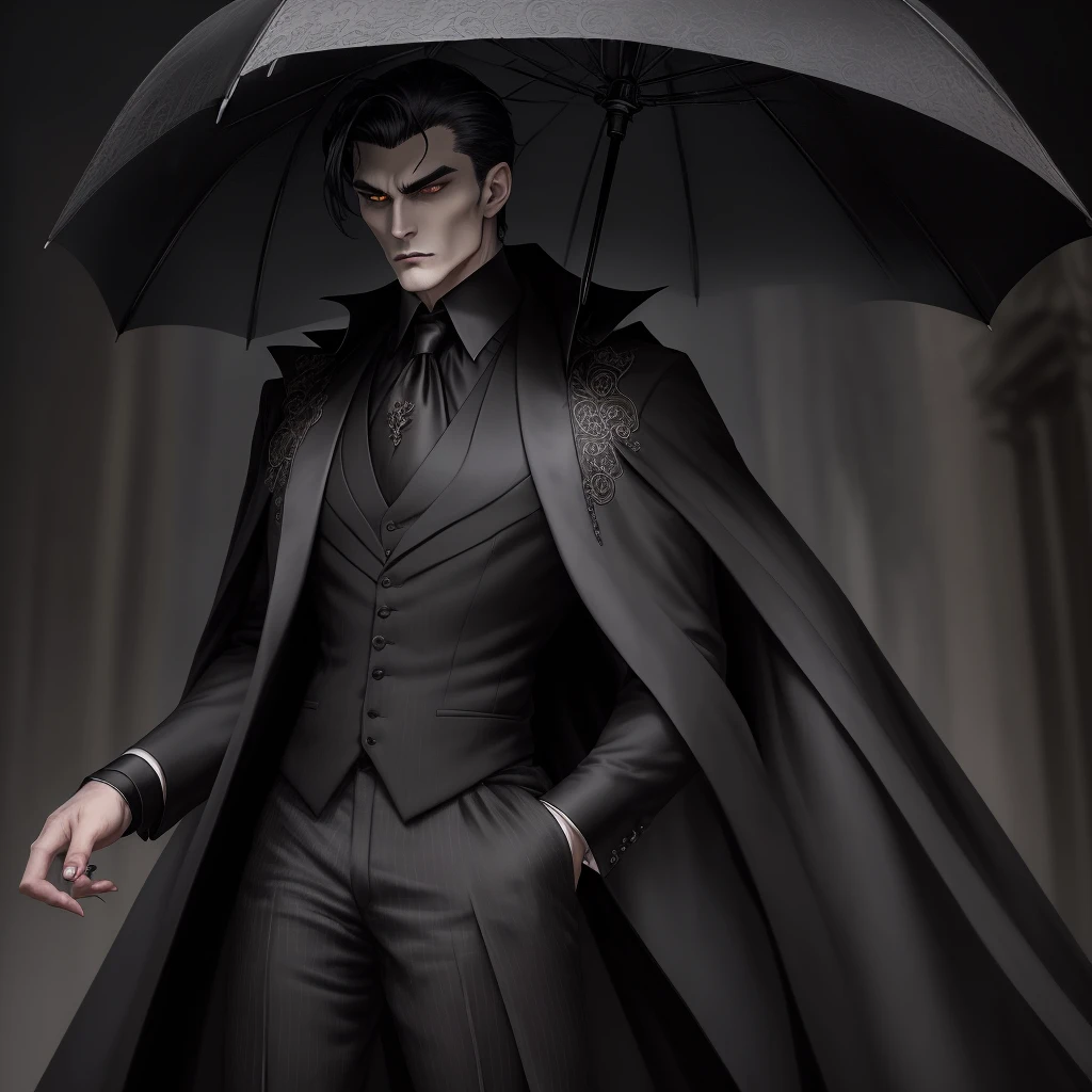 Create an image of an imposing and elegant vampire man, alone in a dark environment. He has bright green eyes that give off an enigmatic glow.. Your hair is short, black and well stylized. He wears a black velvet cape with dark red lining., that flows gracefully and adds a dramatic touch to your look.
Under the cover, he wears formal attire consisting of a brocade vest and a high-collared shirt. In one hand, he holds a black umbrella with subtle and sophisticated details. Their hands are slender and have long fingers and well-groomed nails.. On your ring finger, an antique ring with an intricate signet glows softly. The environment around him is dark and solemn, accentuating its aura of mystery and power.