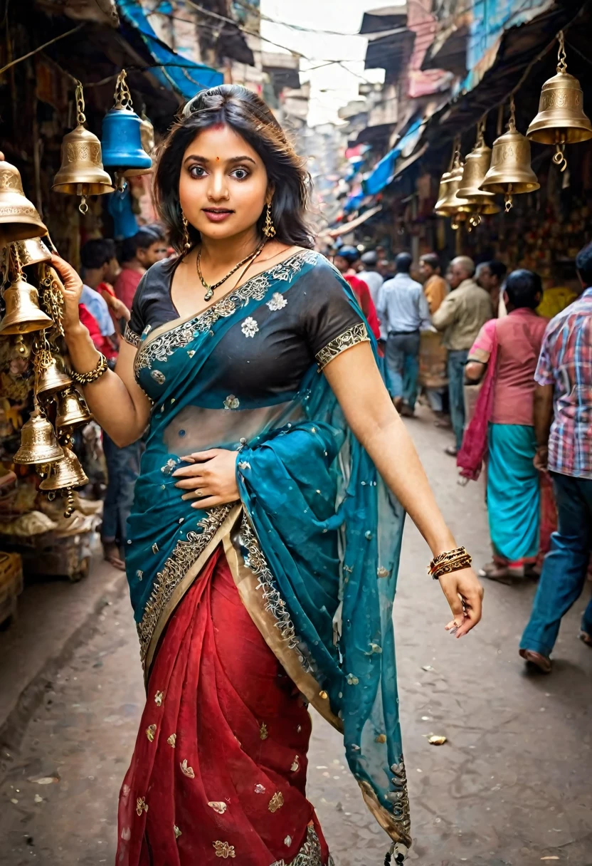 In the bustling streets of a vibrant Indian city, amidst the kaleidoscope of colors and scents, with big  and curvy ass clad in a vibrant red saree and a black blouse becomes an ethereal sight that captivates all who lay eyes upon her. Her undeniable beauty transcends time and space, leaving onlookers spellbound.

Describe the scene as the woman, with her graceful presence, glides through a crowded marketplace, where merchants and shoppers pause to admire her radiance. The atmosphere is alive with whispers as her mesmerizing allure evokes a sense of awe and admiration.

Embark on a journey to reveal the woman’s story—her name, her background, her passions—and the reasons behind her choice of attire. Explore her persona, intertwining elements of mystery and allure, as people speculate on the secrets hiding behind her enchanting gaze.

Incorporate the sights, sounds, and emotions that surround this extraordinary woman, as she navigates through the city’s vibrant tapestry. Whether it be the scent of freshly ground spices, the distant sound of temple bells, or the intricate henna designs adorning her hands, immerse the reader in the sensory experience of this captivating moment.

As the story unfolds, her path intertwines with that of a curious photographer who becomes determined to capture her undeniable beauty in a single photograph. Describe their encounters, the photographer’s attempts to understand her story, and the profound impact this woman’s presence has on his own life.(Blur Background:1.6), (Blue Hue:0.8), (Auto focus:1.4)