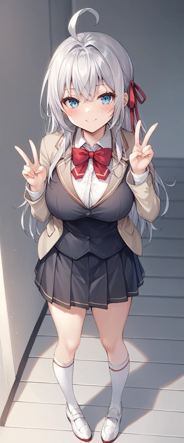 score_9, score_8_superior, score_7_superior, score_6_superior, score_5_superior, score_4_superior, Break Source_anime, Alisa Mikhailovna Kujo, blue eyes, Silver Hair, Long Hair, Red hair ribbon, White shirt, Ahoge, White shoes, Black vest, School black dress, White knee socks, Short beige blazer, Red bow tie, Are standing,Big Breasts,One-handed peace sign