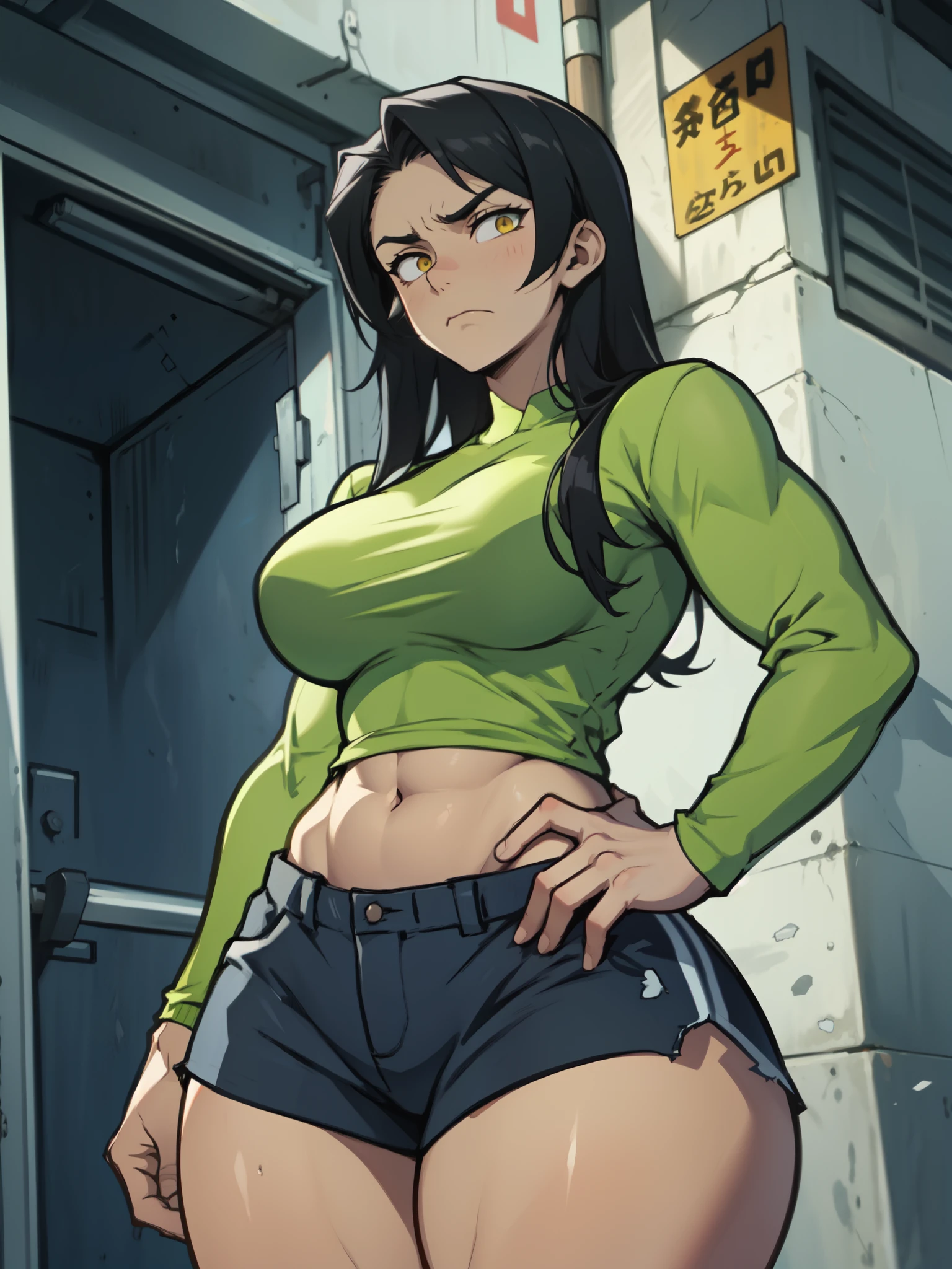 thick thighs wide hips muscular toned body massive breasts athletic girl black hair yellow eyes pale skin massive hair sad frown disappointed expressionless long sleeve tight shirt tight shorts