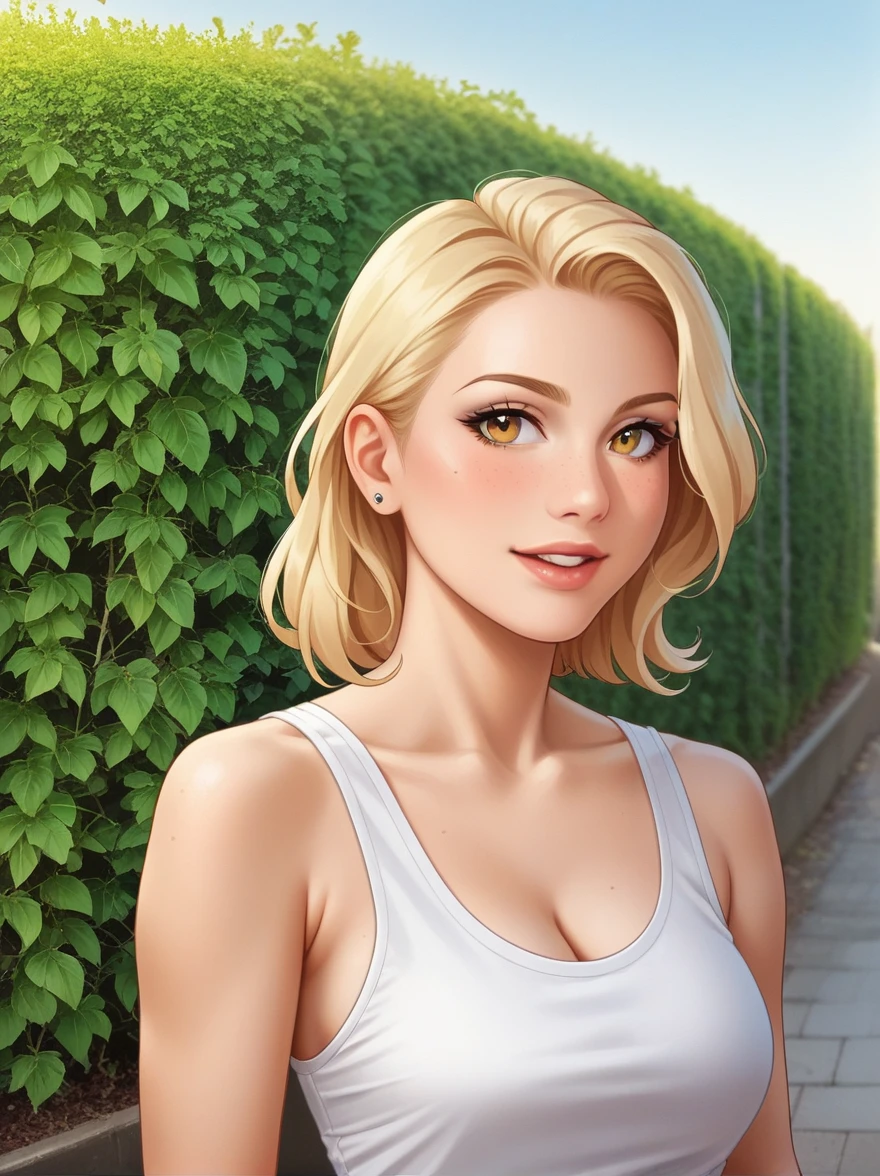 A serene close up photograph of a boho volumpus buxom woman with blonde hair in a loose updo and light skin in a fair complexion,standing ona terrace or balcony. She gazes peacefully at the camera, wearing a low-cut, light beige tank top. The surrounding area is adorned with lush greenery, including trees and plants, . The vast landscape in the background features a distant cityscape, while the night sky is dotted with golden stars, adding an enchanting touch to the scene., photo, portrait photography, vibrant